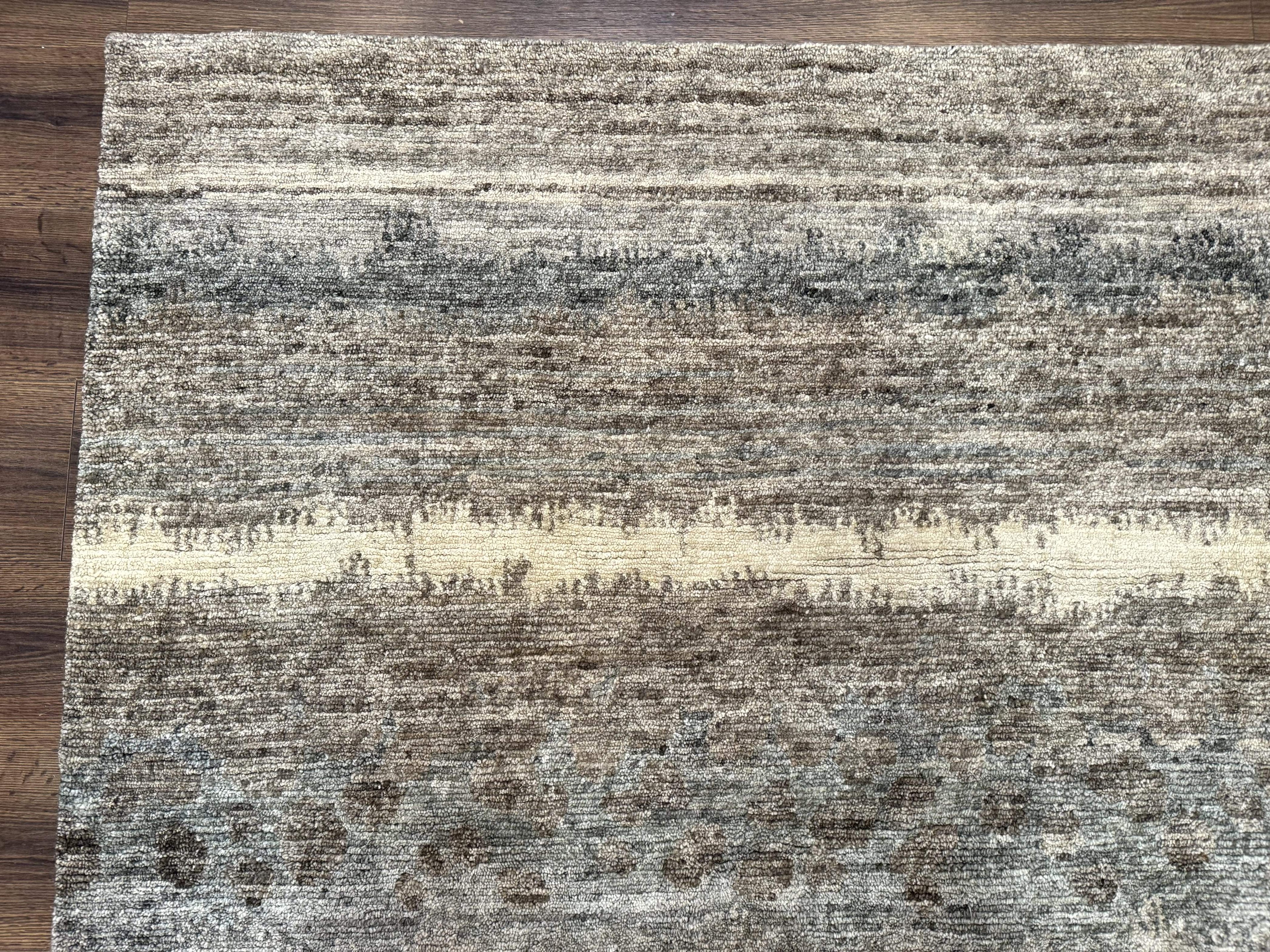 Modern Tibetan Wool Rug 8x10, Abstract, Contemporary, Handmade, Gray, Stripes