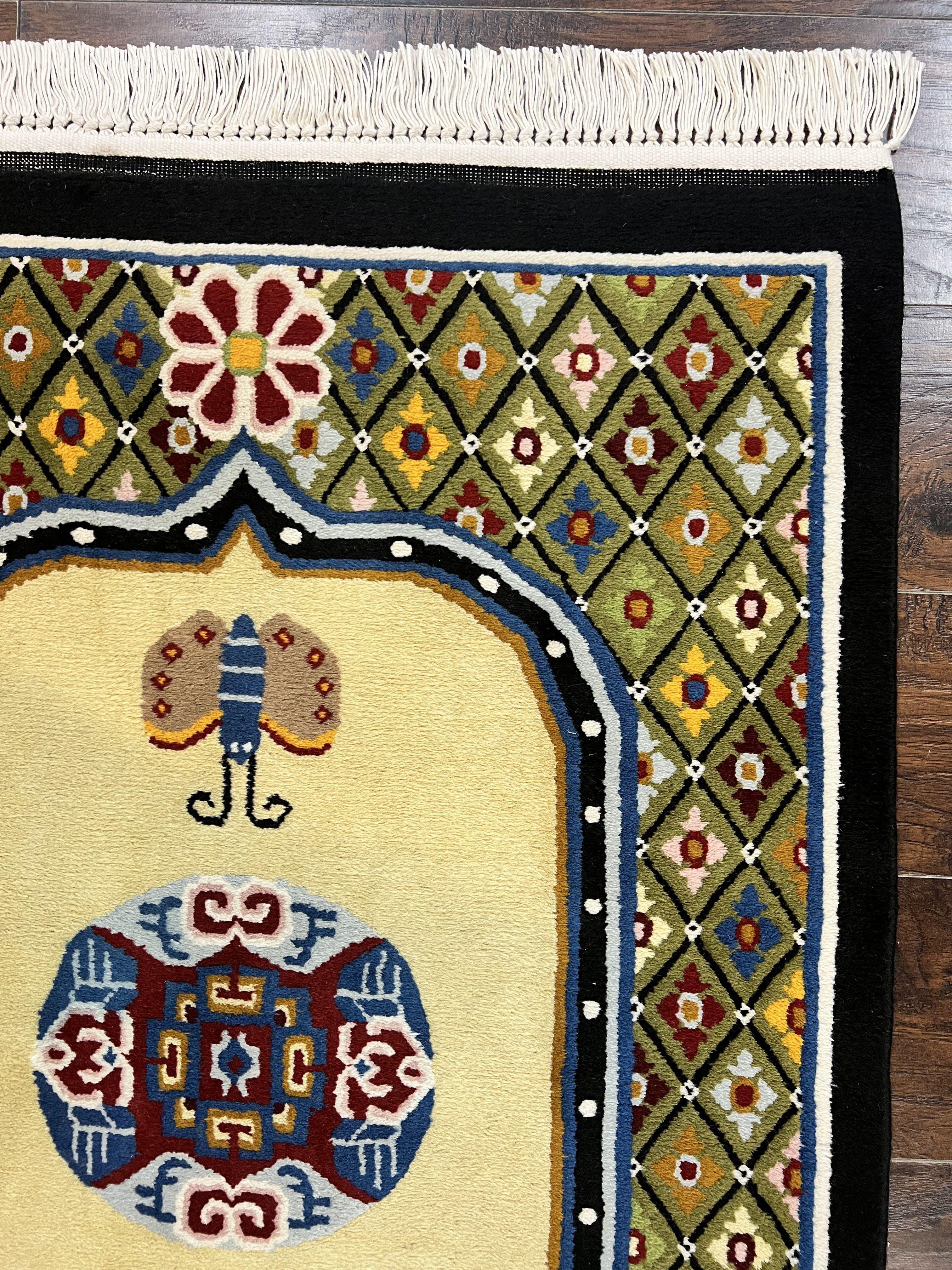 Chinese Rug 3x6 ft, Chinese Wool Rug, Tiensin Rug, Handmade Wool 3 x 6 Vintage Peking Rug, Art Deco Rug, Butterflies