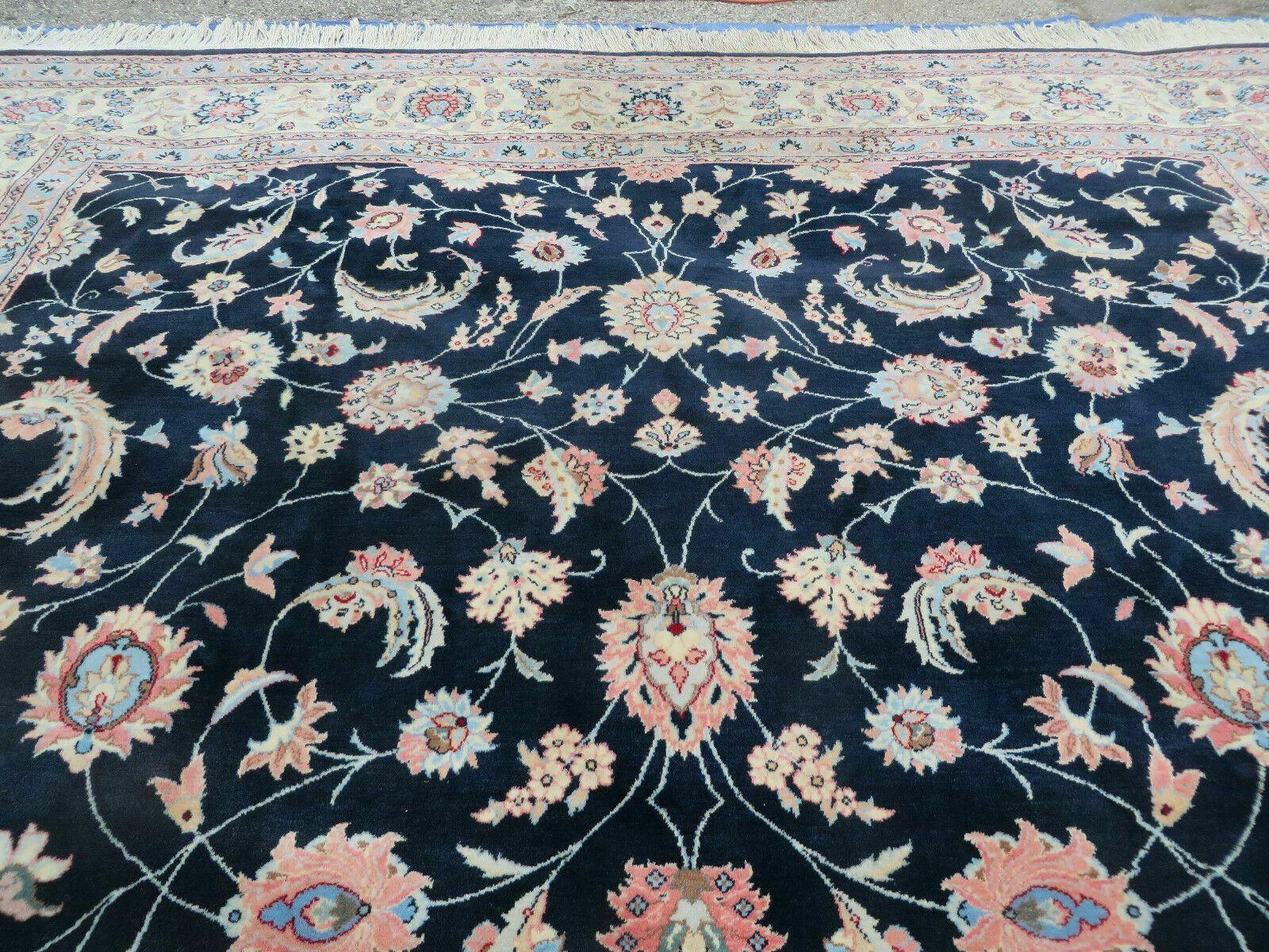 Large Indo Persian Rug 10x14, Wool Hand-Knotted Carpet, Navy Blue Ivory