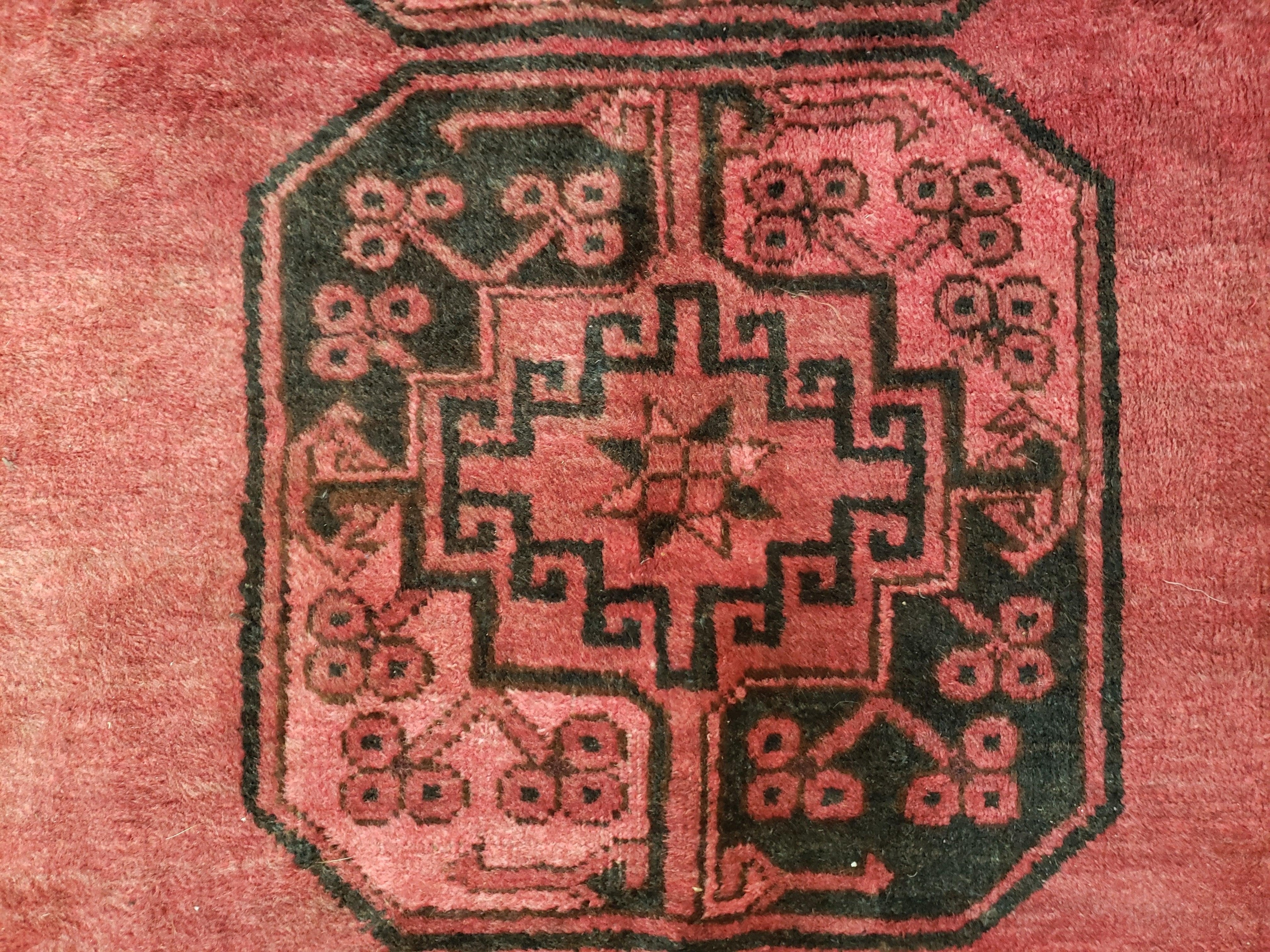 Antique Bukhara Area Rug, Vintage Afghan Bokhara Bashir Rug, 4x6 Hand-Knotted Oriental Carpet, Red & Black Wool Rug, 4' x 5'9