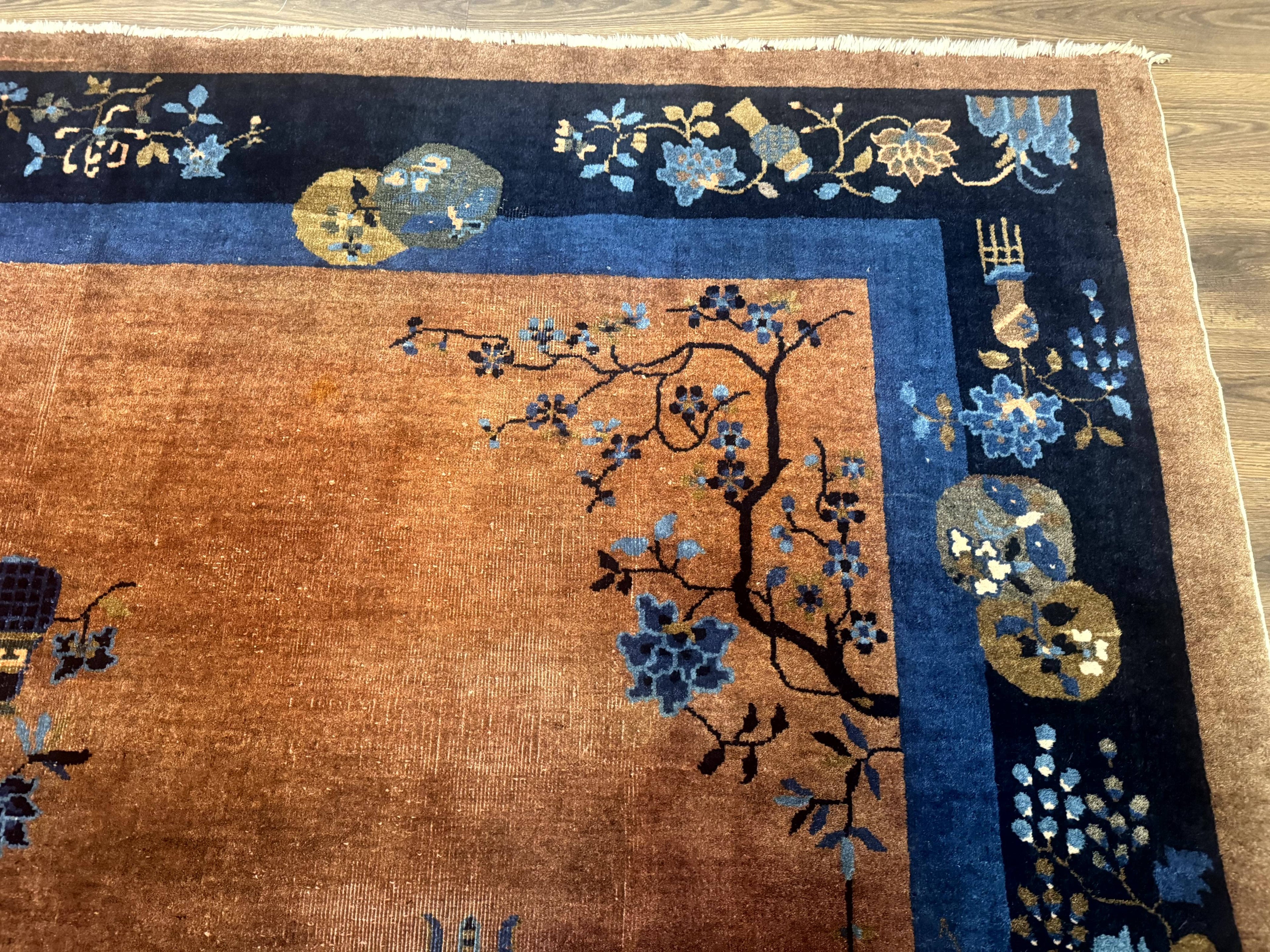Antique Chinese Wool Rug 9x12, Light Brown and Navy Blue, Fete Peking Art Deco