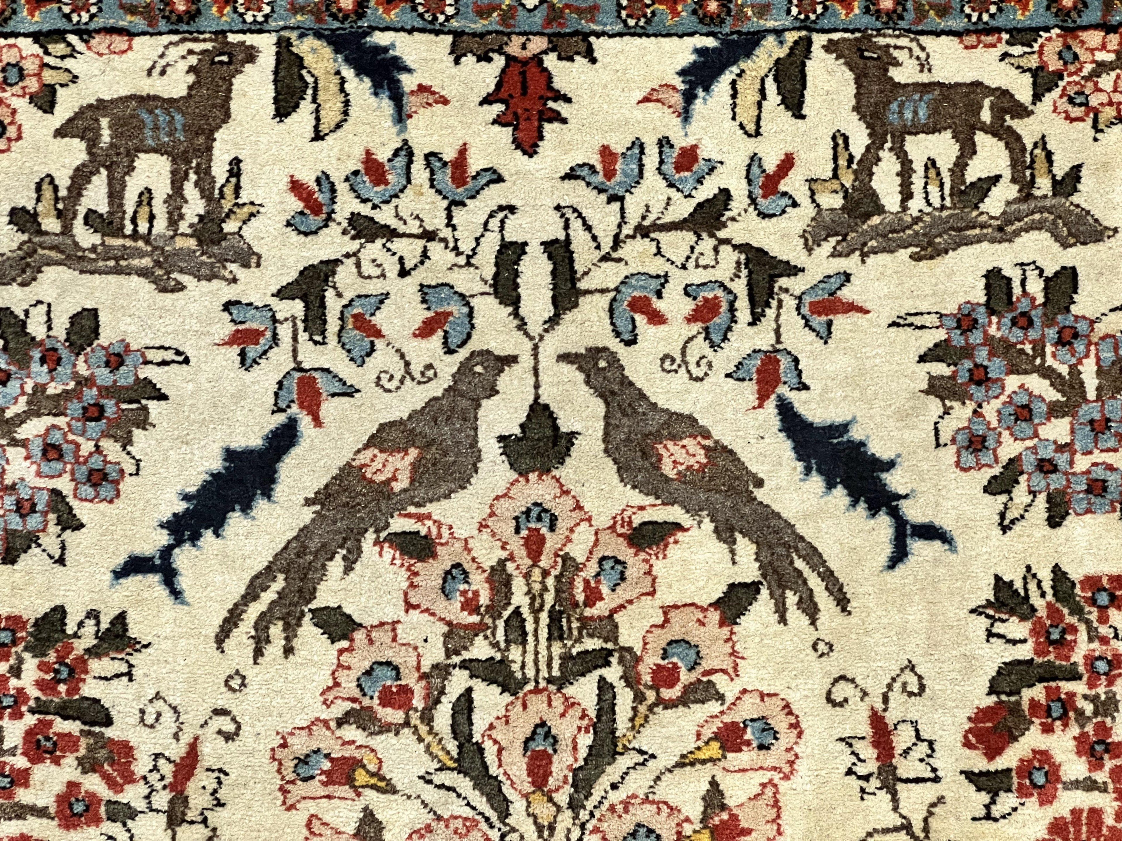 Persian Tree of Life 5x7, Qum Rug, Animal Motifs, Deer Birds, Fine 225 KPSI, Semi Antique Wool Rug, Cream Red