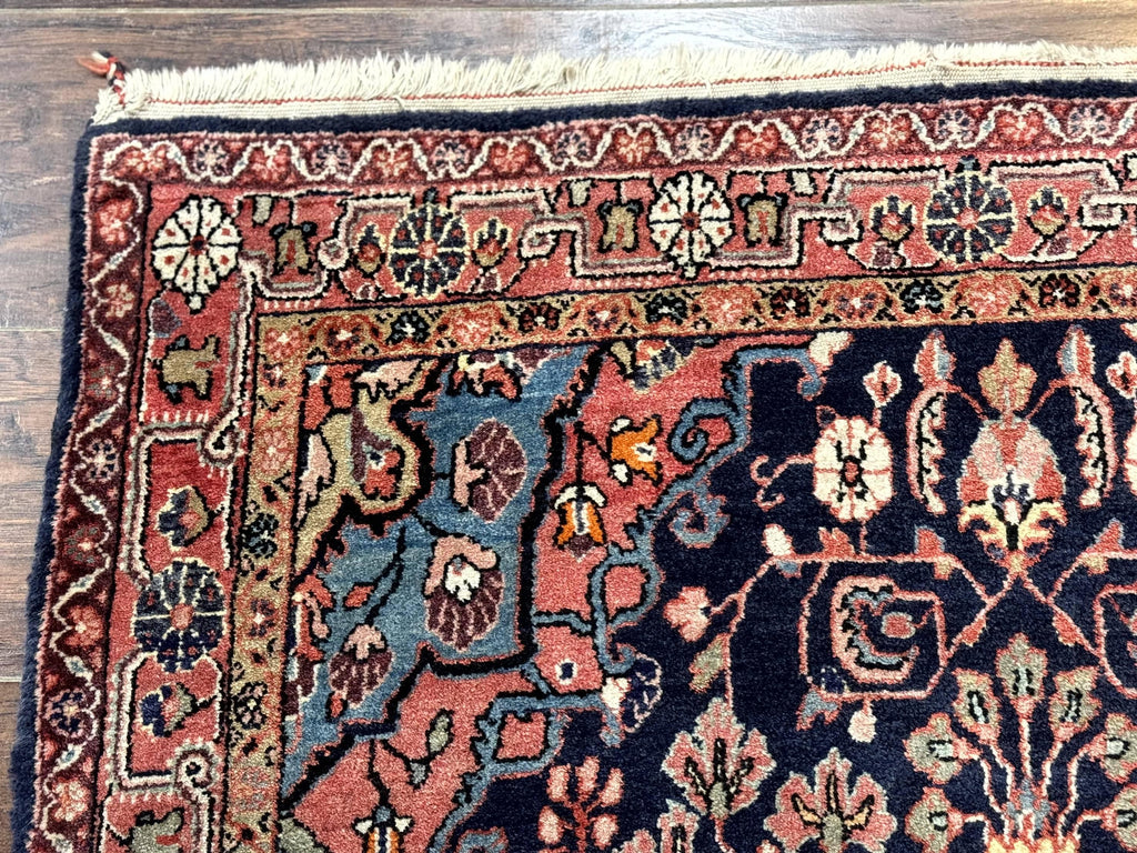 Persian Rug 3x5, Jozan Sarouk Rug, Navy Blue and Coral, Medallion Rug, Semi Antique