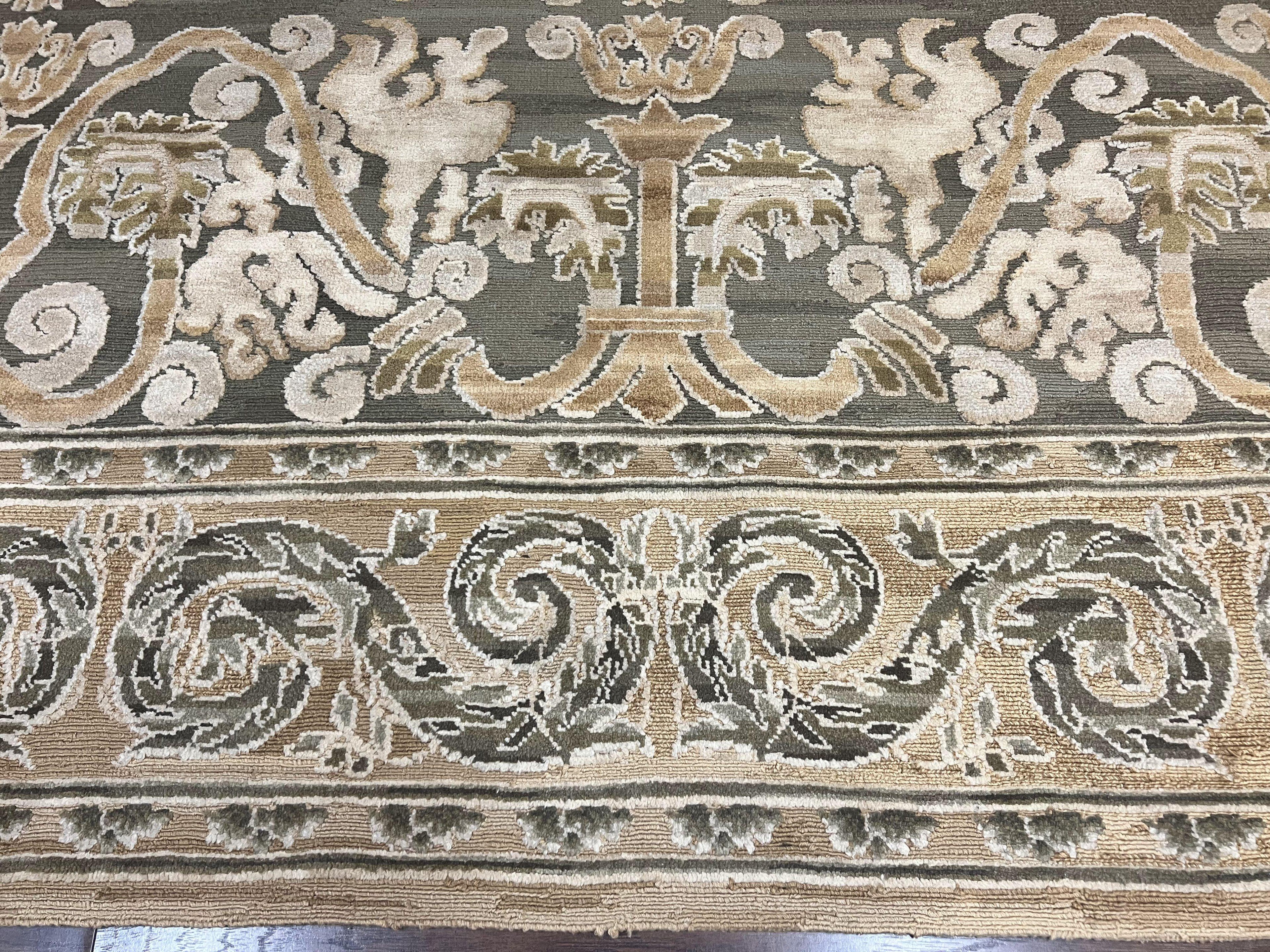 Spanish Rug 11x14, Wool Hand Knotted Vintage Carpet, Olive Green and Beige, Floral Allover, European Design, 11 x 14 Rug