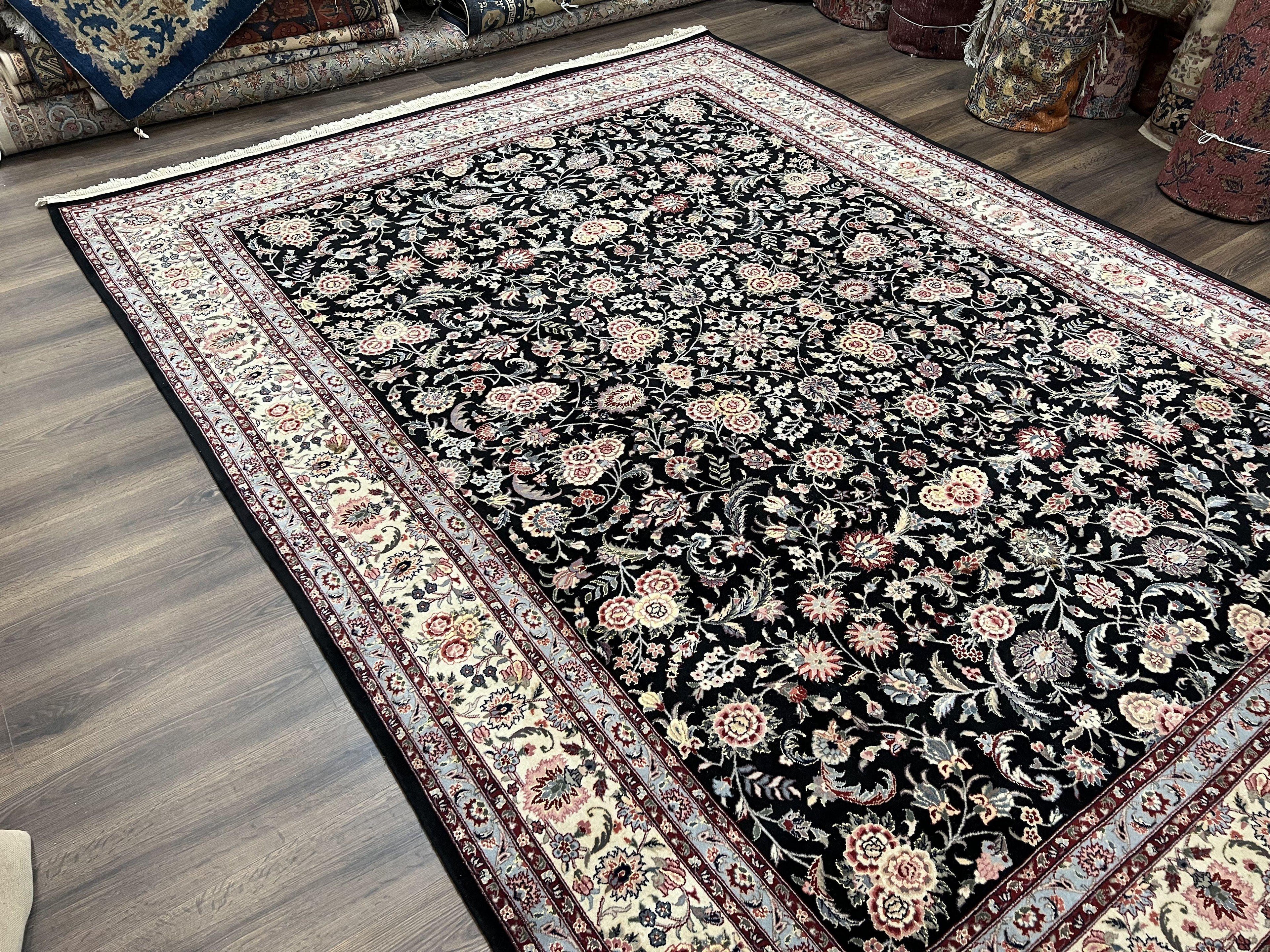 Pak Persian Rug 9x12, Floral Allover, Hand Knotted Oriental Carpet 9 x 12 ft, Black and Cream, Detailed, Wool with Silk Highlights, Vintage