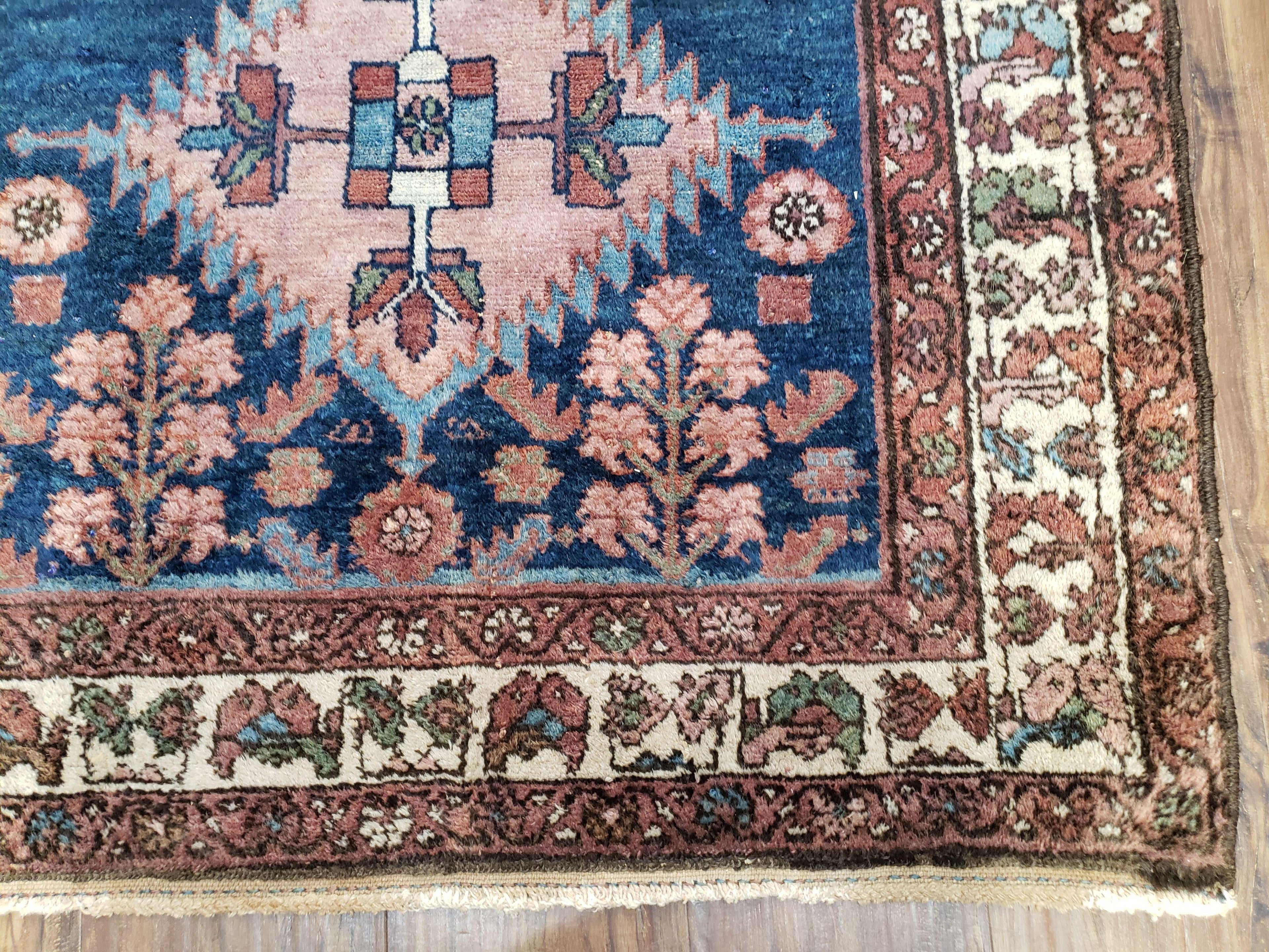 Blue Vintage Persian Hamadan Rug, Wool, Hand-Knotted, 4x6 ft