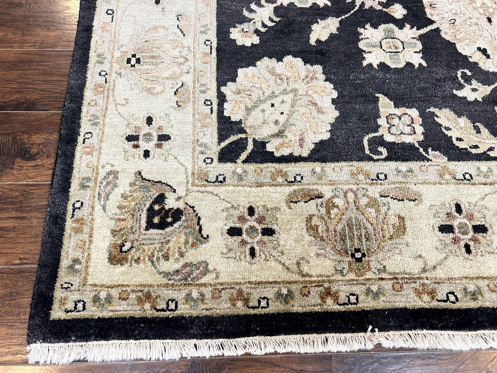 Indo Mahal Rug 8x10, Black and Beige, Vintage Rug 8 x 10 ft, Floral, Handmade Wool Carpet
