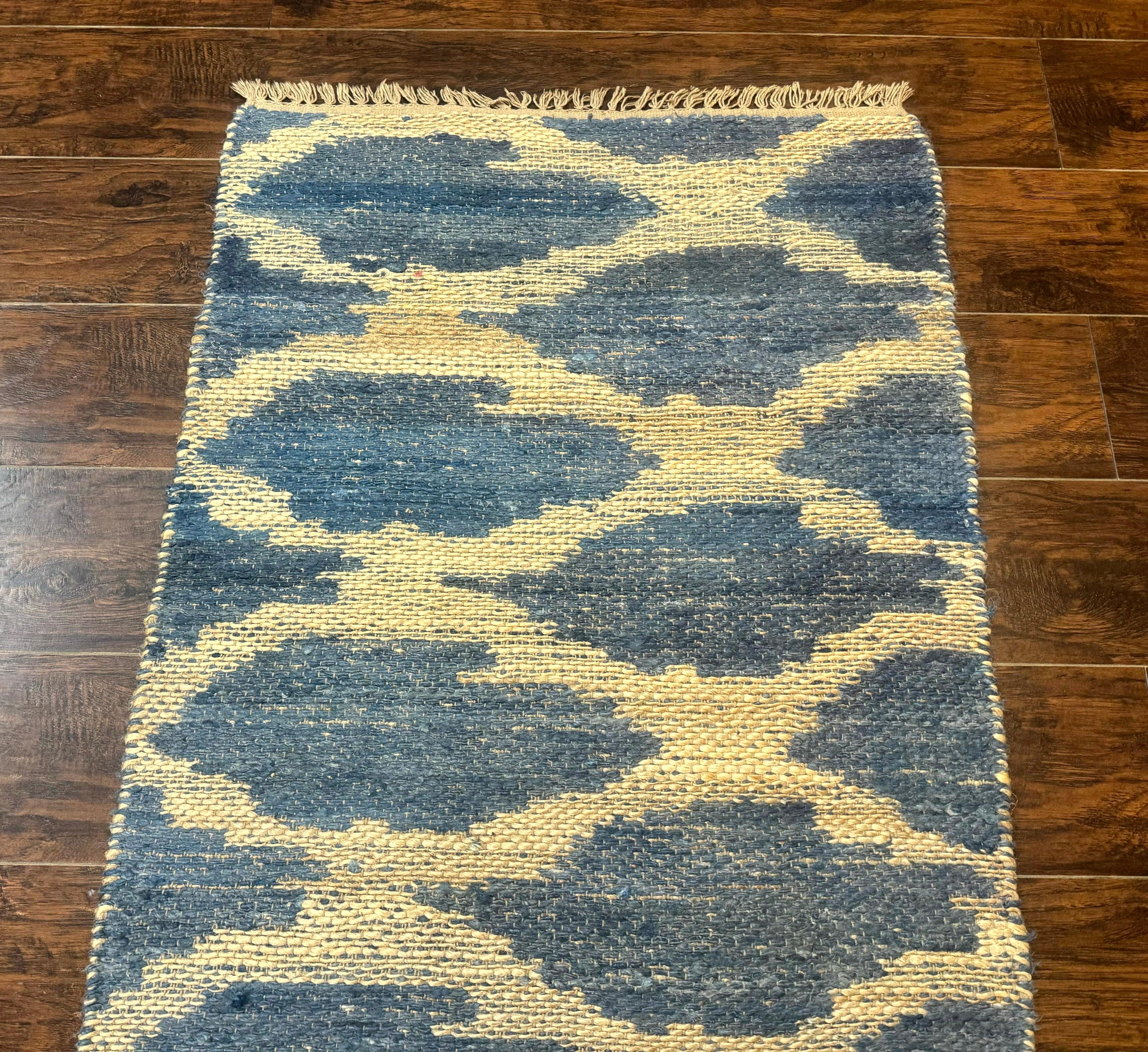 Modern Jute Runner Rug 2.9 x 7.9, Beige and Blue, Handwoven, Kaleen Rug