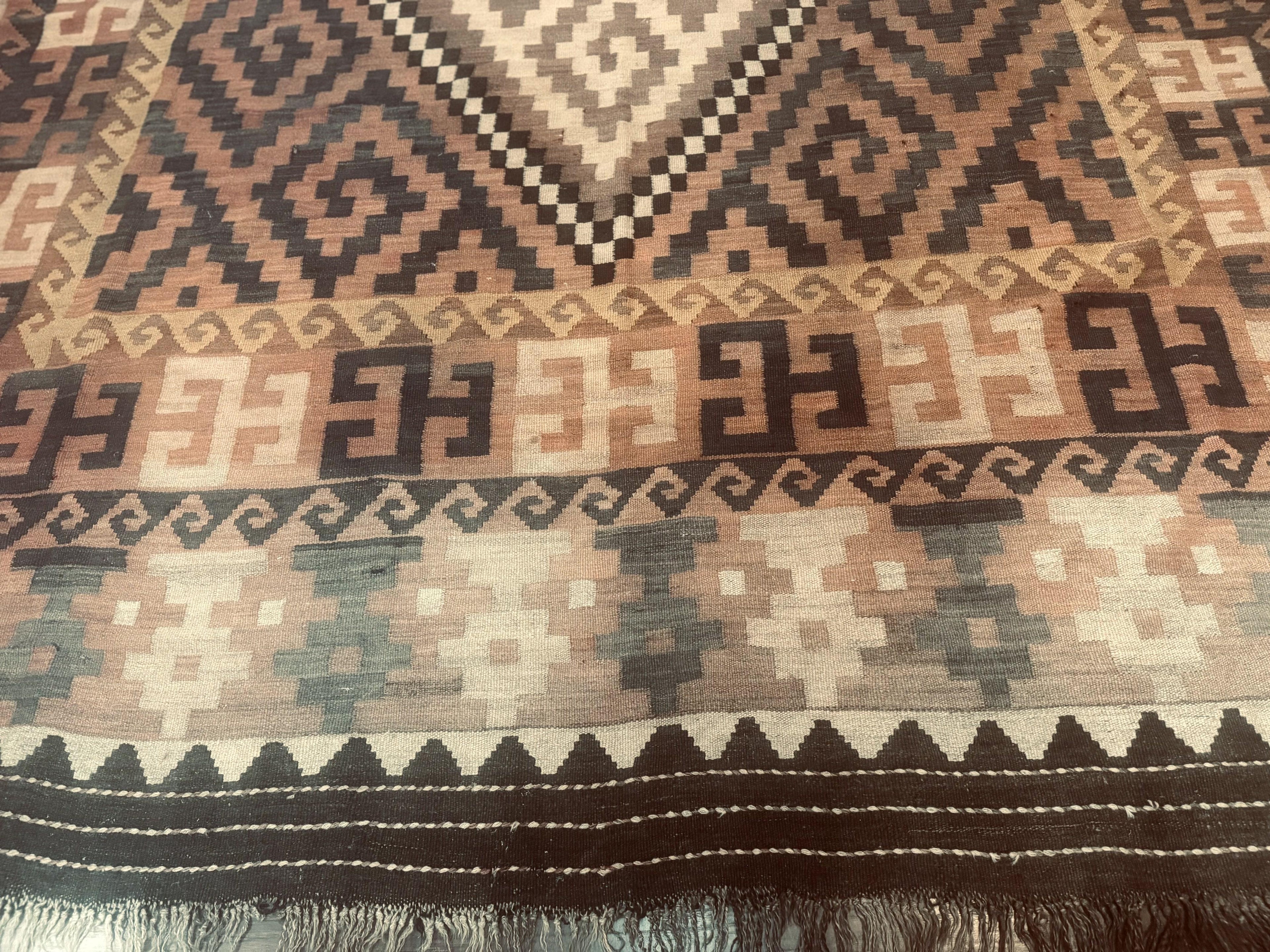Antique Persian Tribal Kilim Rug 9x12, Zig Zag Pattern Kilim, Zarand Rug, Wool, Earth Tone Colors
