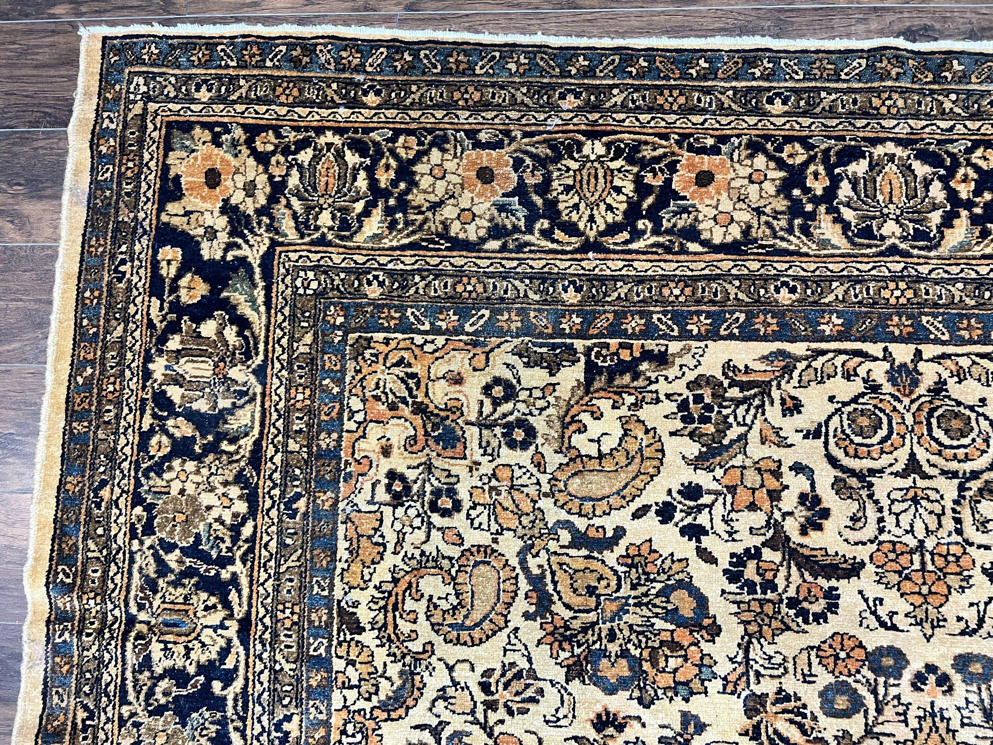 Antique Persian Rug 9x11, Wool Handmade 1920s Oriental Carpet, Persian Hamadan Anjelas Rug, Cream Black, Floral Allover Oriental Rug 9 x 11 Room Sized Rug
