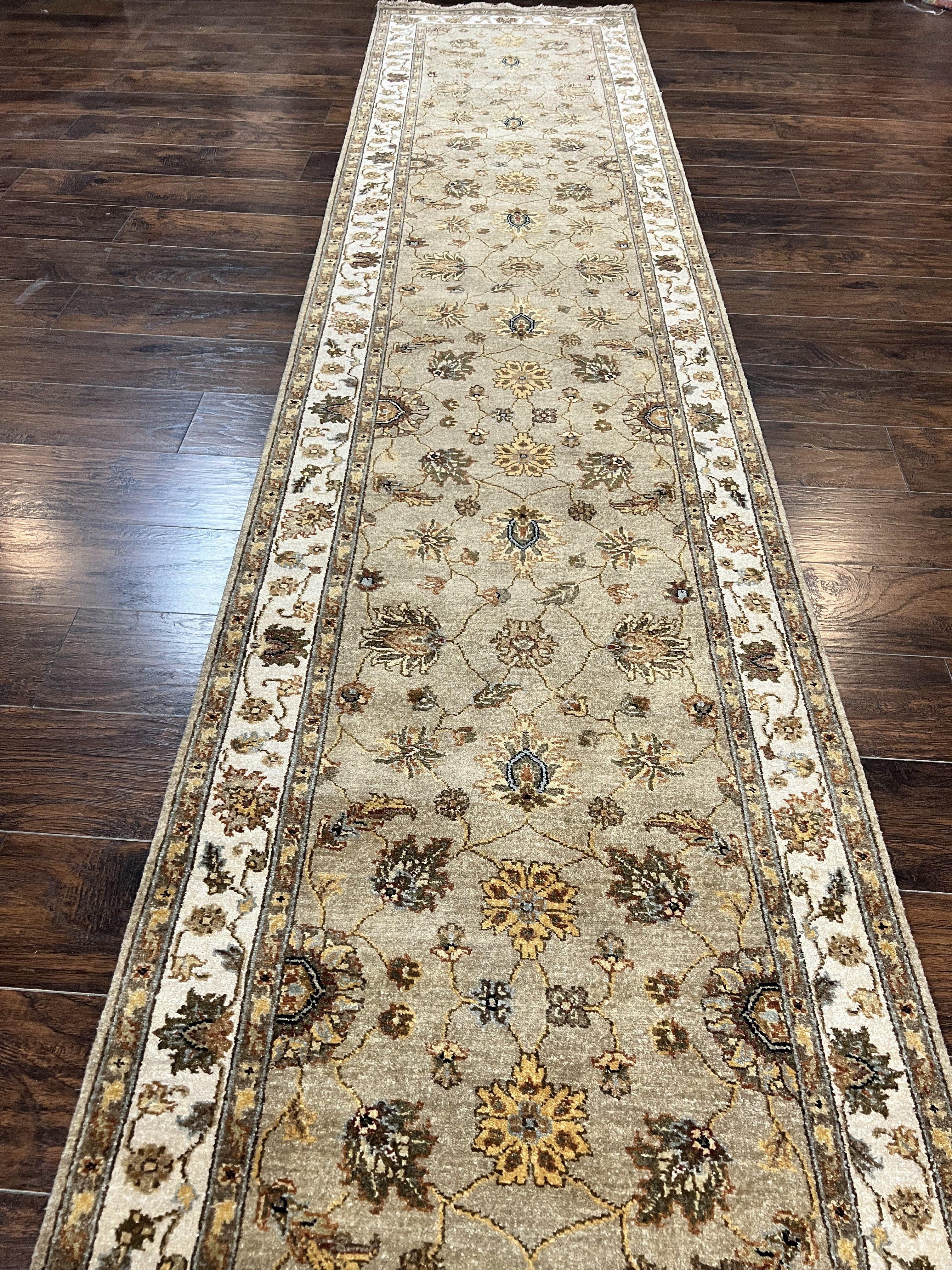 Peshawar Runner Rug 3 x 20, Wool Hand Knotted Vintage Pakistani Carpet, Olive Green & Ivory, Extra Long 20ft Hallway Runner, Floral