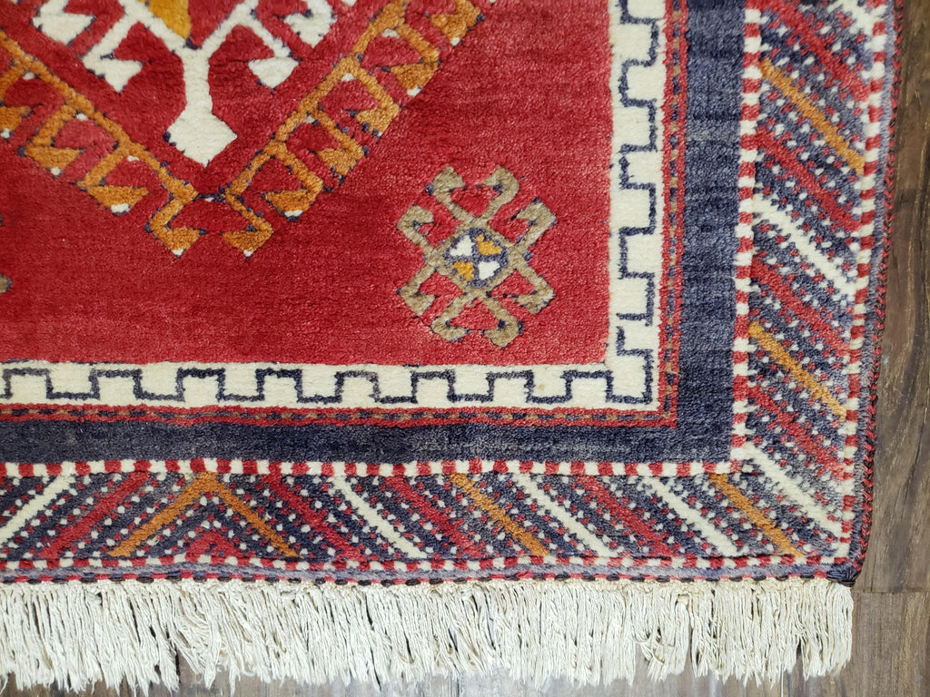 Vintage Turkish Kazak Rug 2.5 x 5 Red Wool Carpet Medallions Runner Geometric