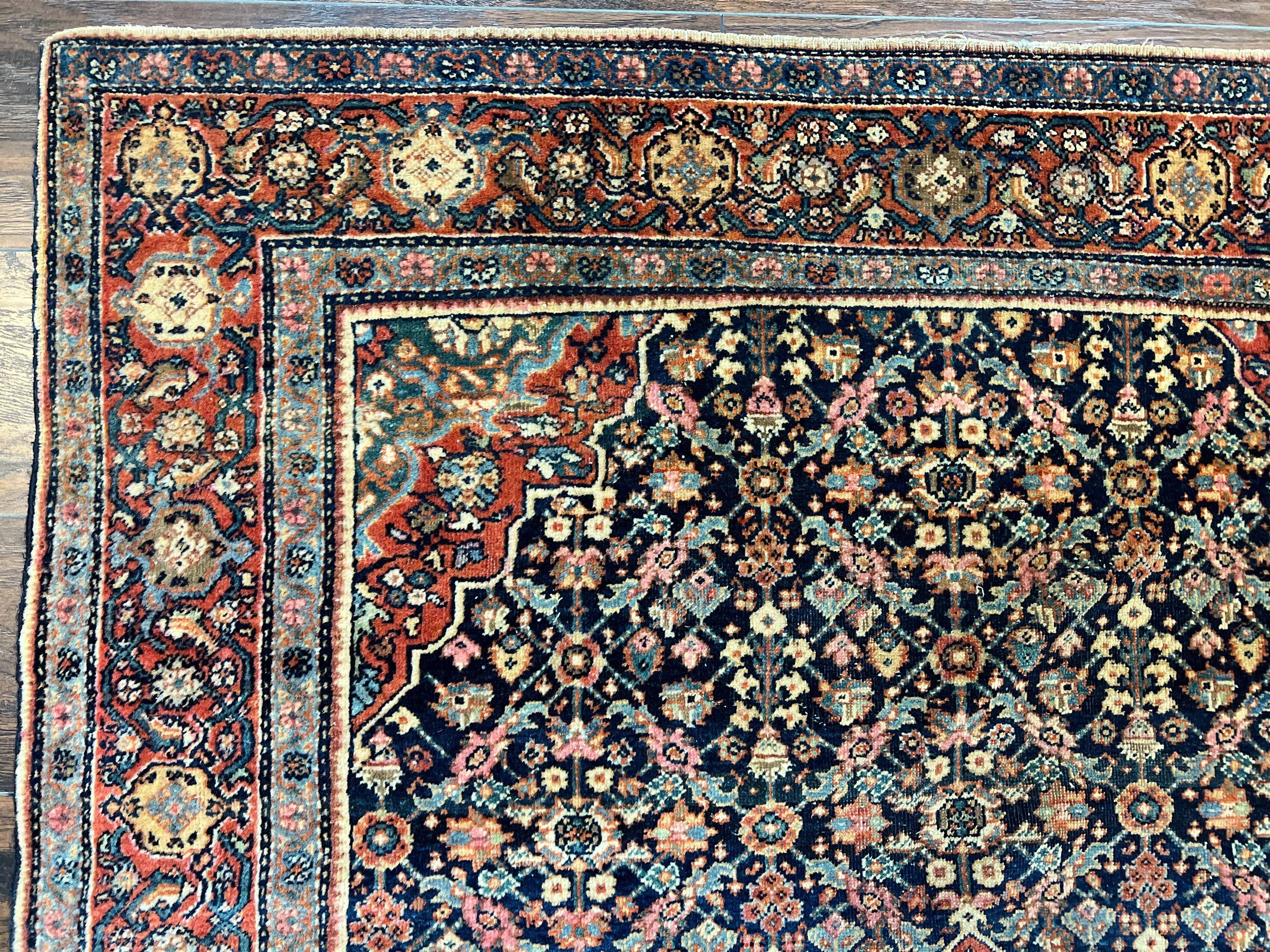 Persian Rug 4x7 Antique Sarouk Farahan Carpet, Navy Blue and Red Wool Rug