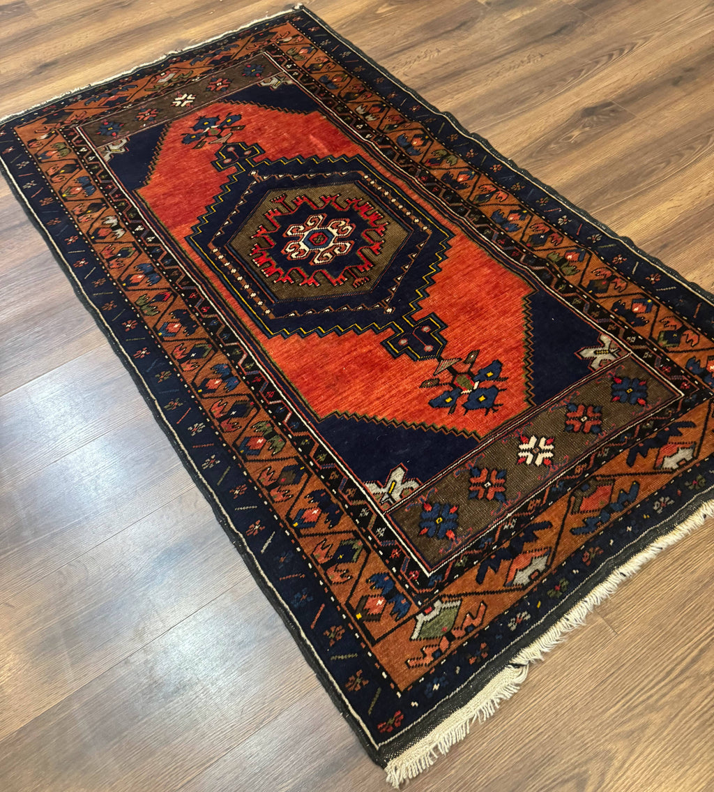 Persian Rug 3x6, Geometric Medallion, Village Tribal Rug, Terracotta and Navy Blue, Antique Nahavand Hamadan Rug