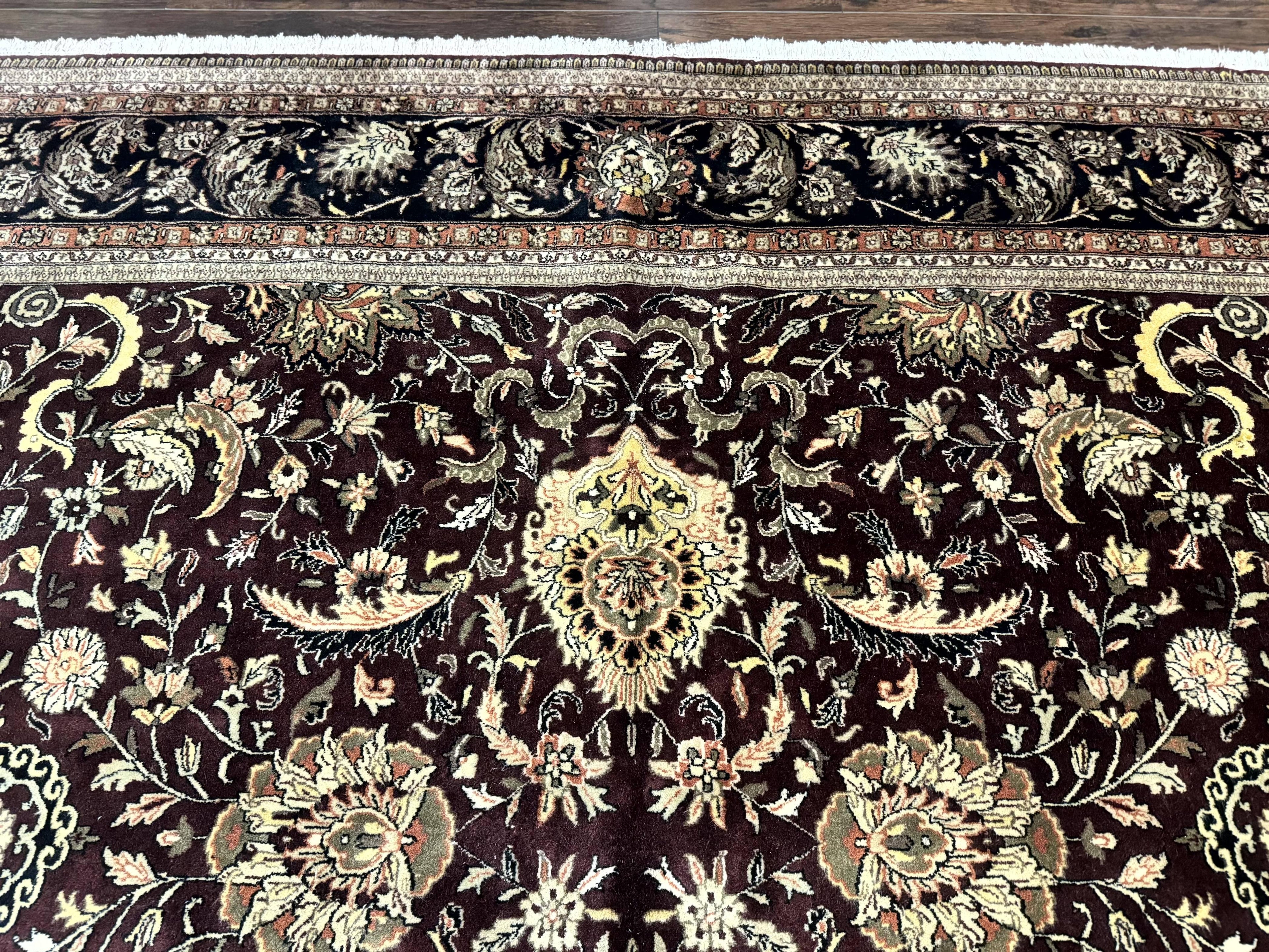 Indo Persian Rug 10x14, Floral Allover, Handmade Vintage Wool Rug, Dark Maroon/Plum and Black