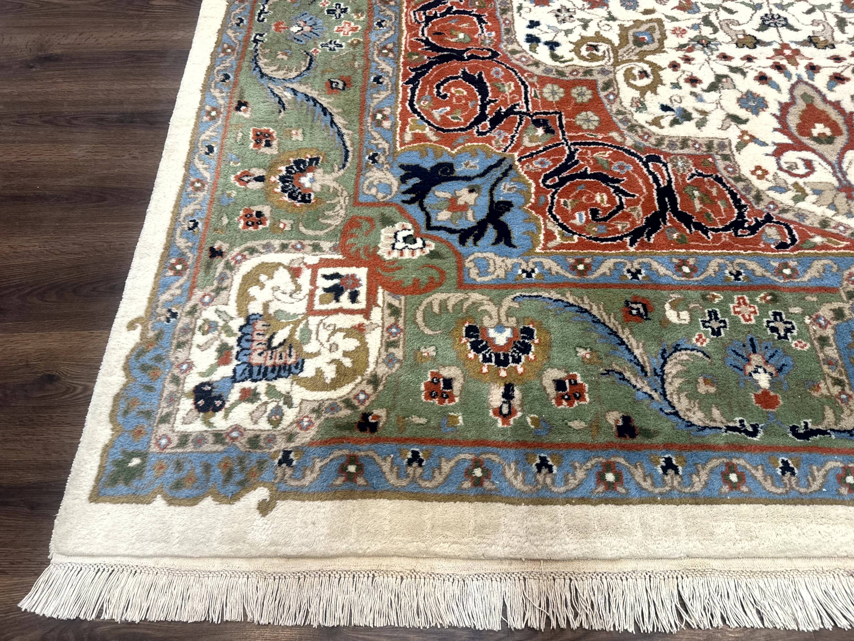 Indo Persian Rug 9x12, Ivory Red Green, Traditional Oriental Carpet