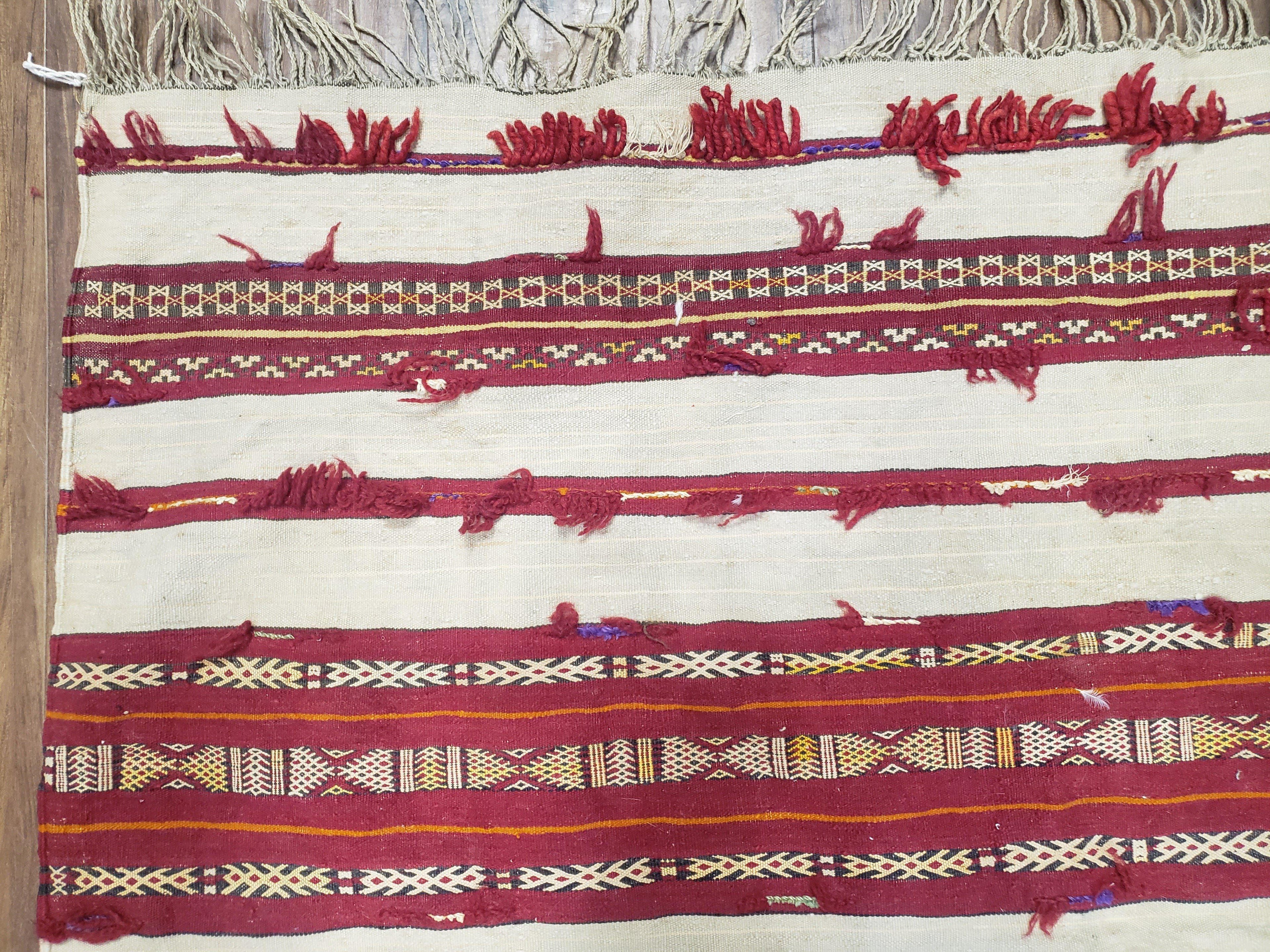 Antique Turkoman Yamud Rug 3x5 ft, 1920s Turkmen Sofreh Table Cover, Bohemian Rug, Tribal Collectible, Striped Rug, Handmade Ivory and Red