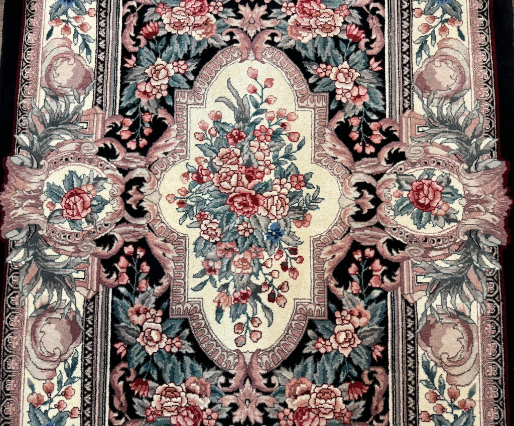 Aubusson Rug 4x6, Elegant European Floral Design, Black and Ivory, Fine 200 KPSI