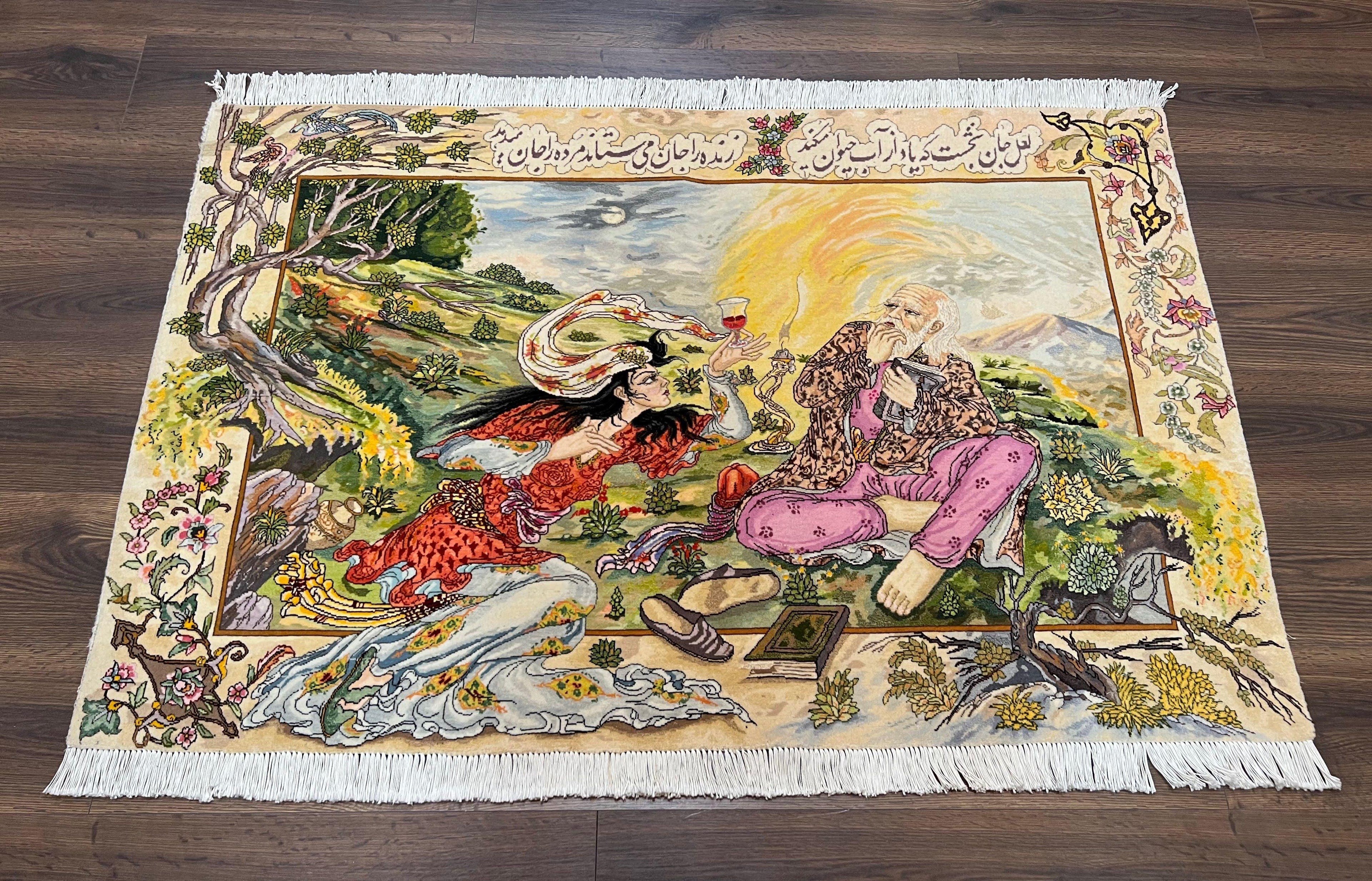 Persian Tabriz Pictorial Rug 5x3, Hafez Poetry In Border, Very Fine Hand Knotted Carpet, Wall Hanging Wool Oriental Carpet 3x5, Highly Detailed