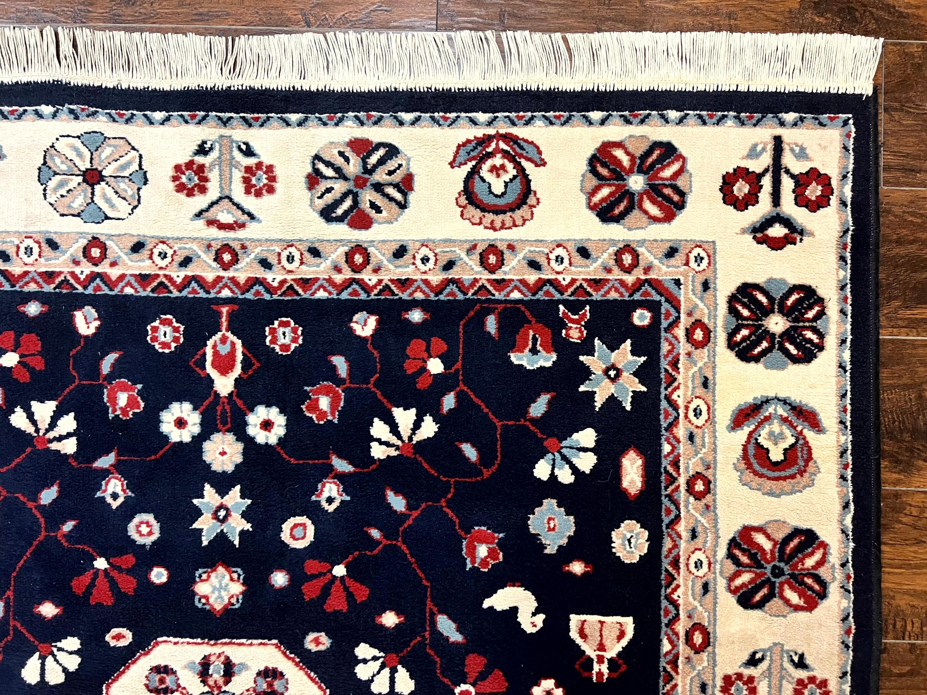 Belgium Power Loomed Rug 5.6 x 7, Navy Blue and Ivory, Heriz Pattern, Vintage Oriental Carpet