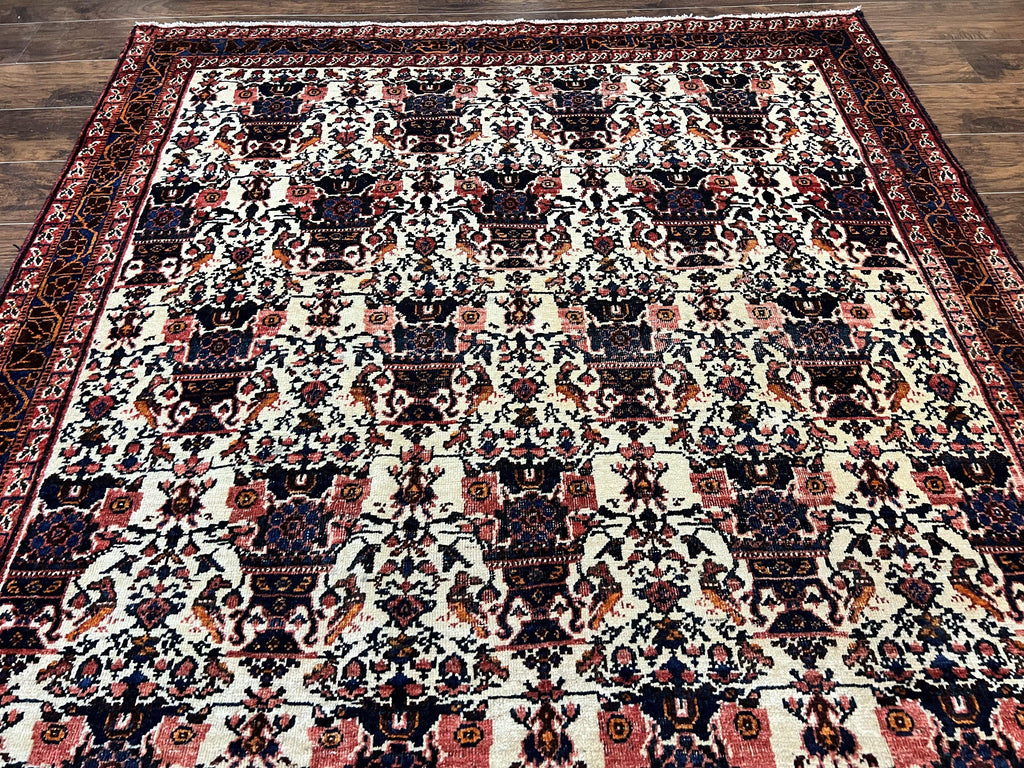 Persian Afshar Rug 6x8, Wool Hand Knotted Semi Antique Vintage Carpet, Floral Allover, Repeated Birds Flowers Vases Motifs