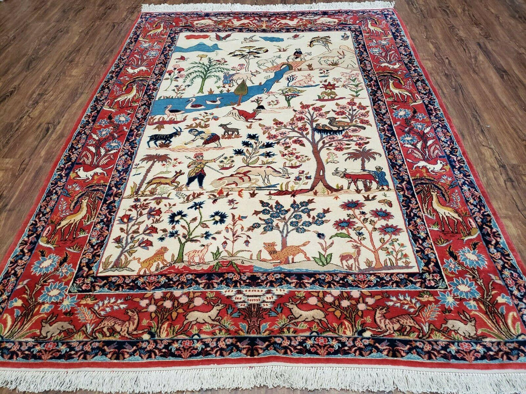 Antique Persian Isfahan Rug 5x7, Animal and Human Pictorials, Hand Knotted Fine Oriental Wool Carpet, Cream and Red, High KPSI, Vintage Rug 5 x 7 ft