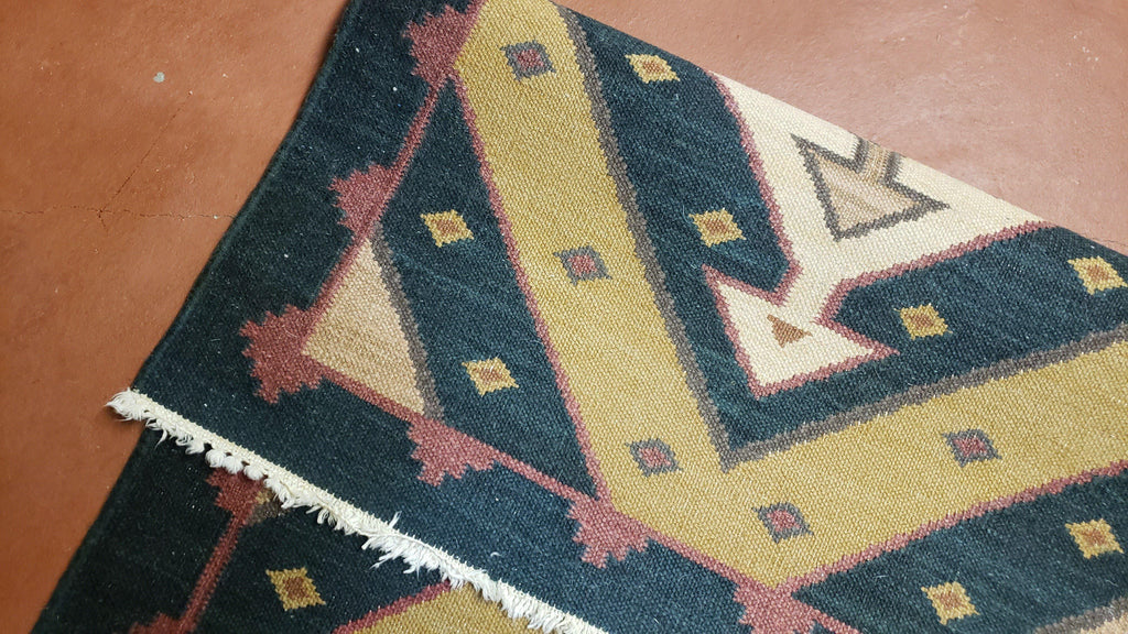 Vintage Indian Kilim Runner Rug, Geometric Flatweave Hand-Knotted Wool Kitchen Hallway Runner, Black Gold & Beige, 2' 8" x 9' 9"
