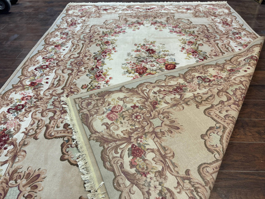 Aubusson Rug 8x12, European French Savonnerie Design, Thick Wool Pile, Elegant Rug, Cream Beige Light Green