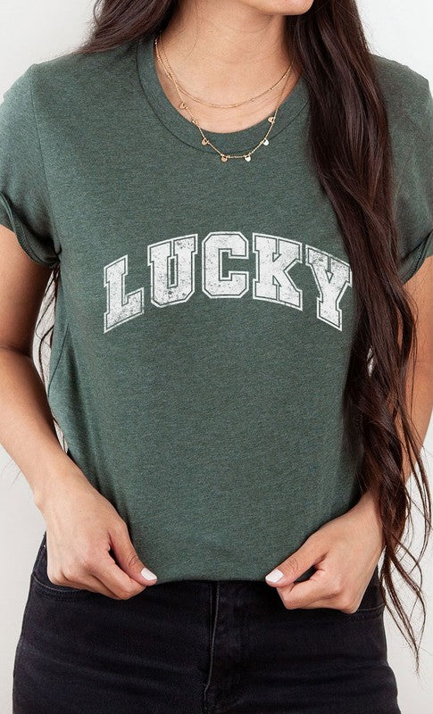 Distressed Varsity Lucky St Patricks Graphic Tee T-Shirt