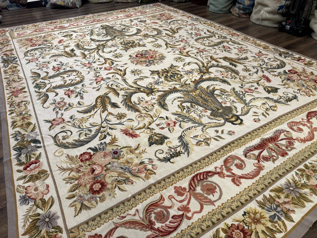 Aubusson Needlepoint Rug 10x14, Elegant European French Carpet, Vintage Carpet