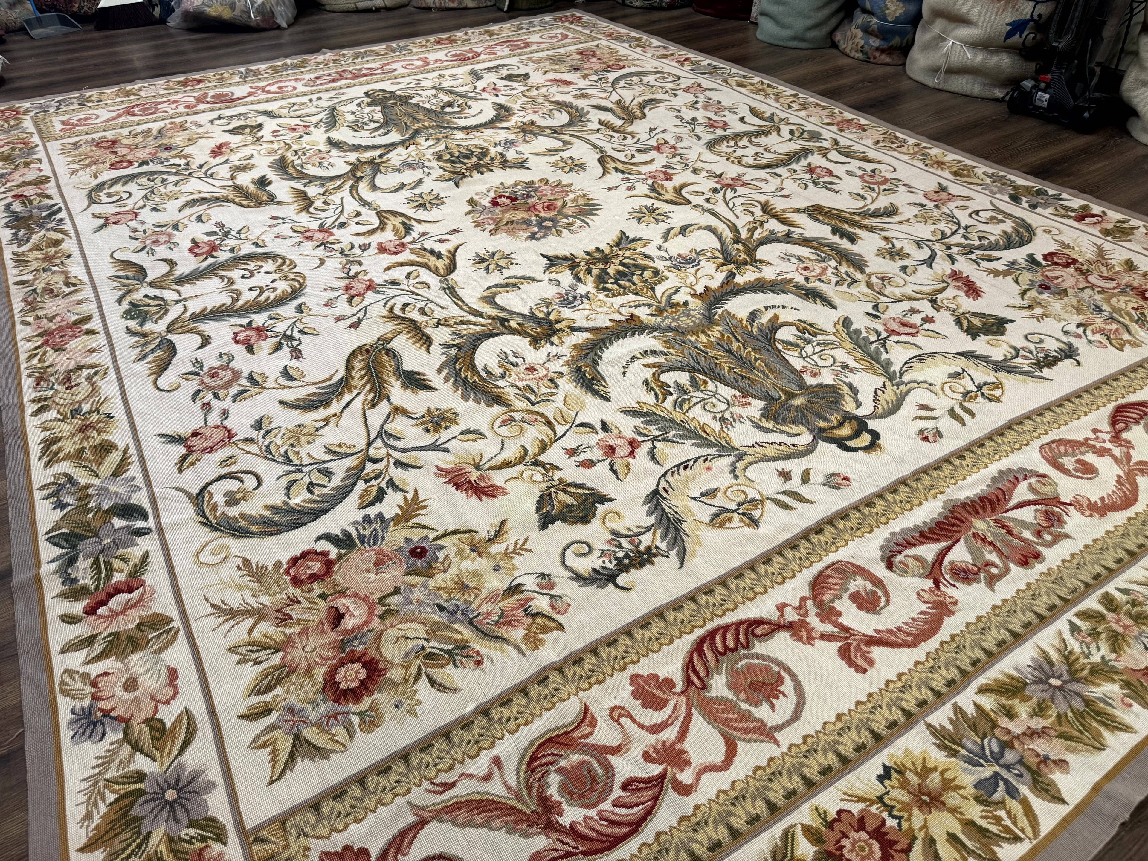 Aubusson Needlepoint Rug 10x14, Elegant European French Carpet, Vintage Carpet