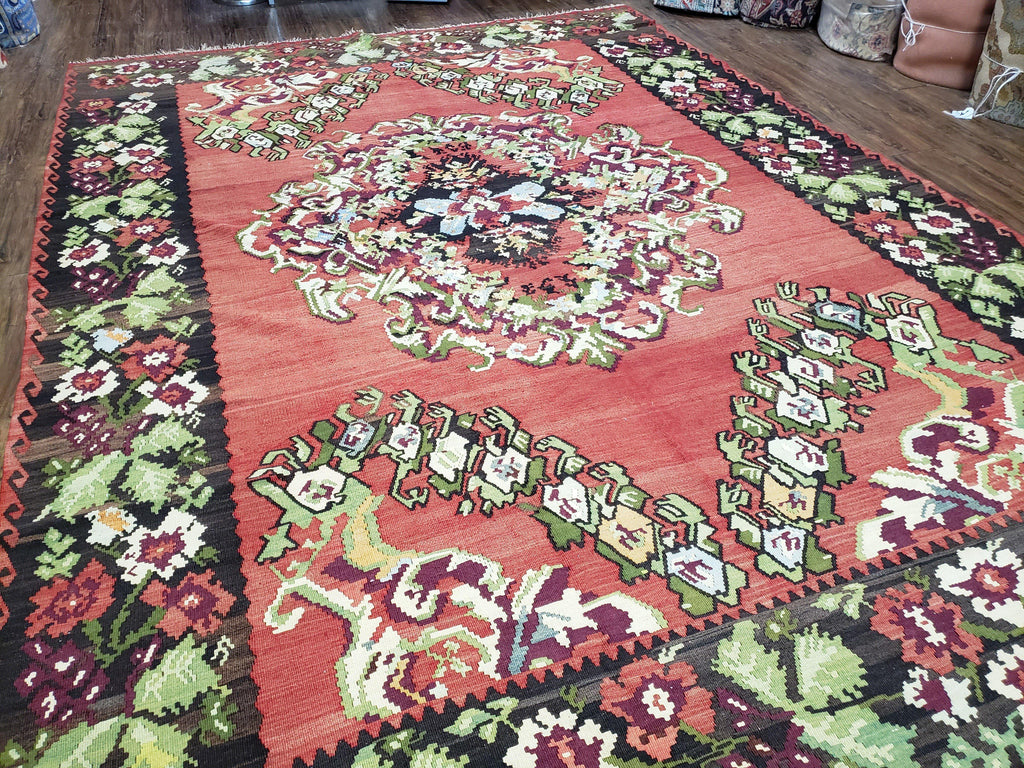 Karabakh Rug 8x11, Caucasian Kilim Rug, Vintage Antique Turkish Anatolian Azerbaijani Carpet, Wool Red & Black Hand-Woven 8 x 11 Living Room