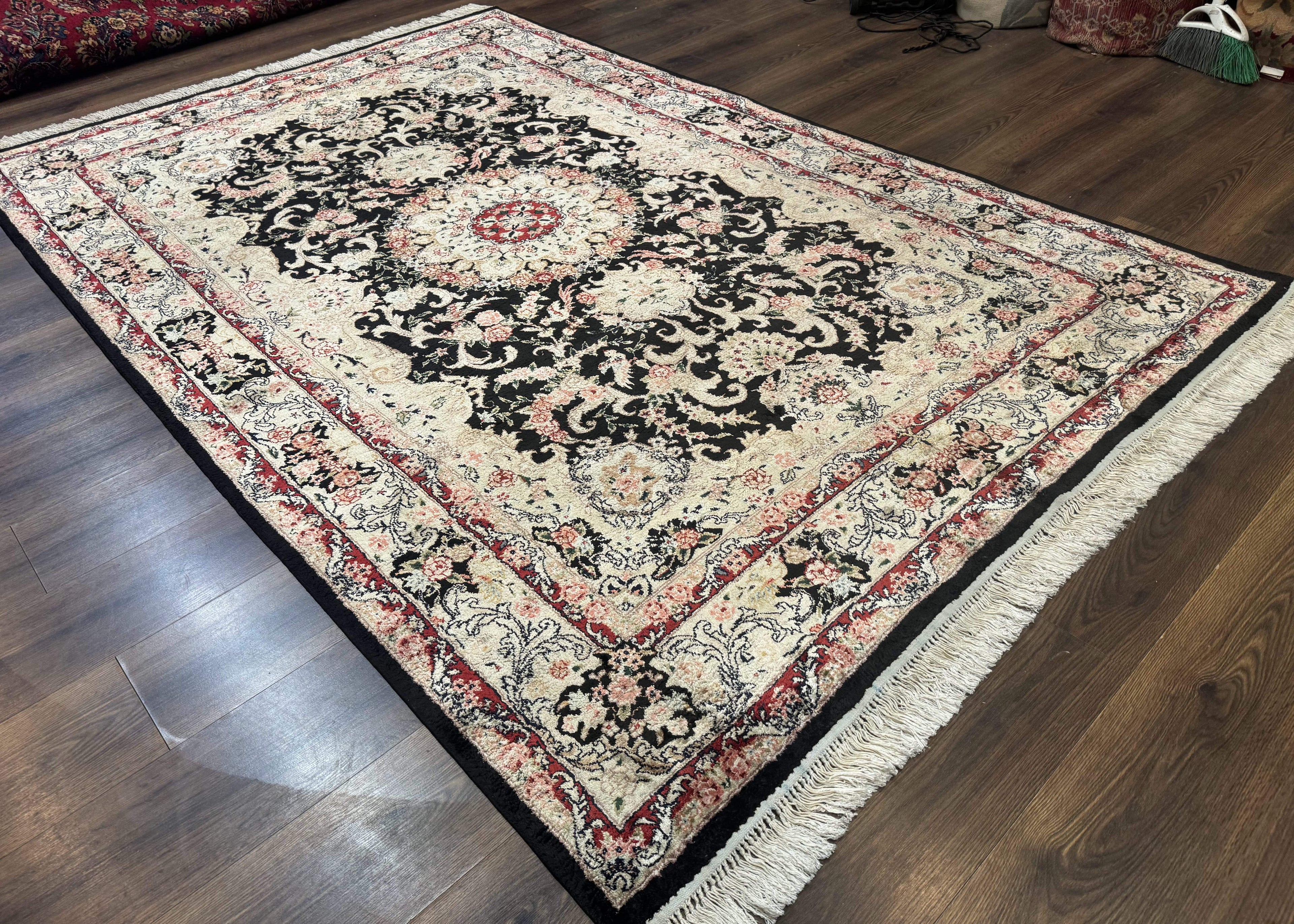 Indian Kashmiri Silk Rug, Floral Medallion, Vintage Hand Knotted Carpet