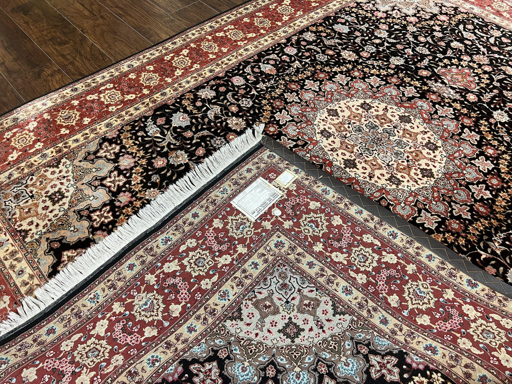 Marvelous Persian Tabriz Rug 7x10 ft, Super Fine 50 Raj, 300+ KPSI, Black and Rust Red, Floral Medallion Handmade Wool Oriental Carpet, Top Quality