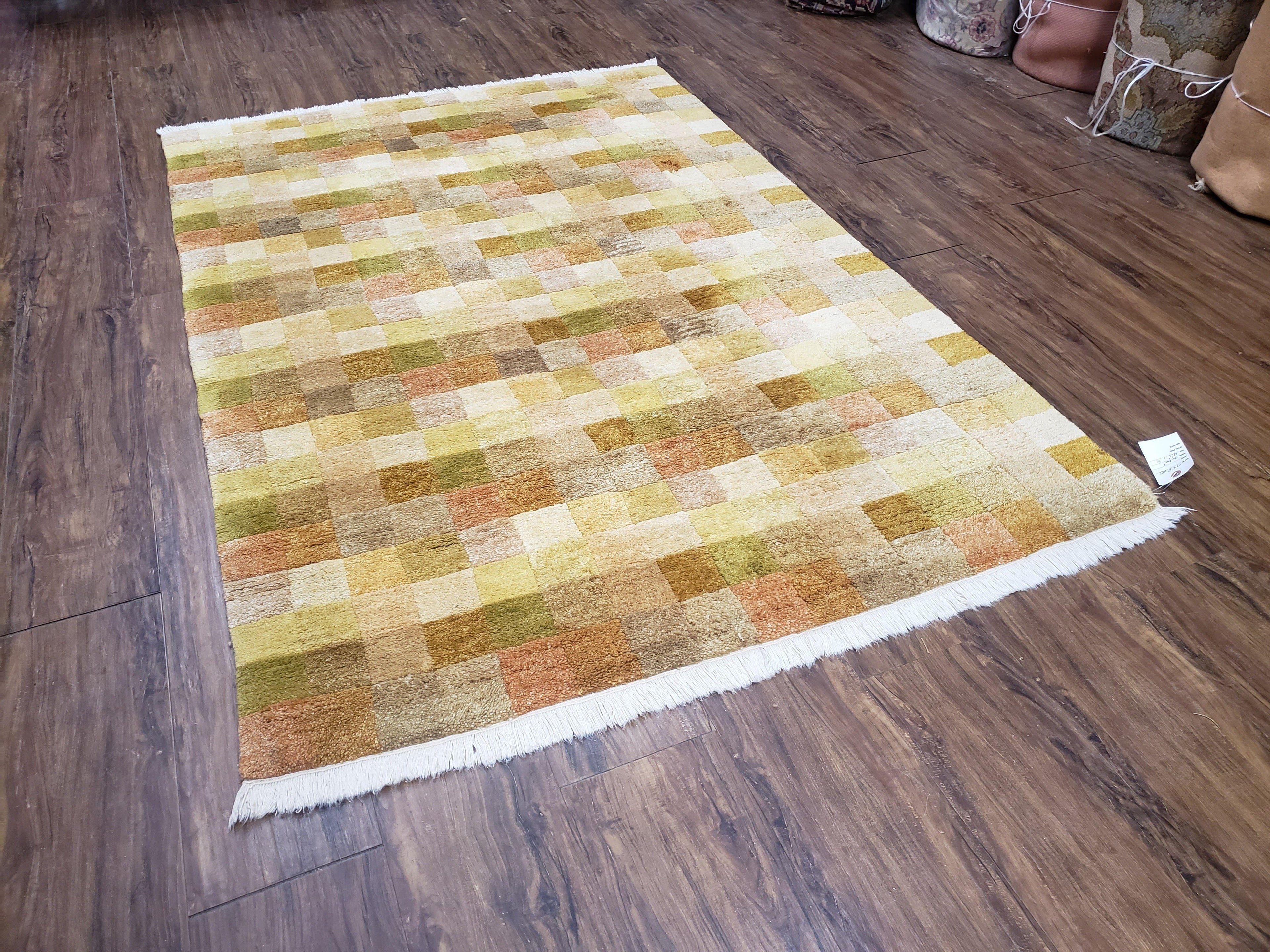 4x6 Tibetan Rug, Modern Abstract Handmade Area Rug, Checkerboard Pattern, Neutral Ivory Gold Tan Colors, Soft Pile, Mid Sized Rug, Nepali