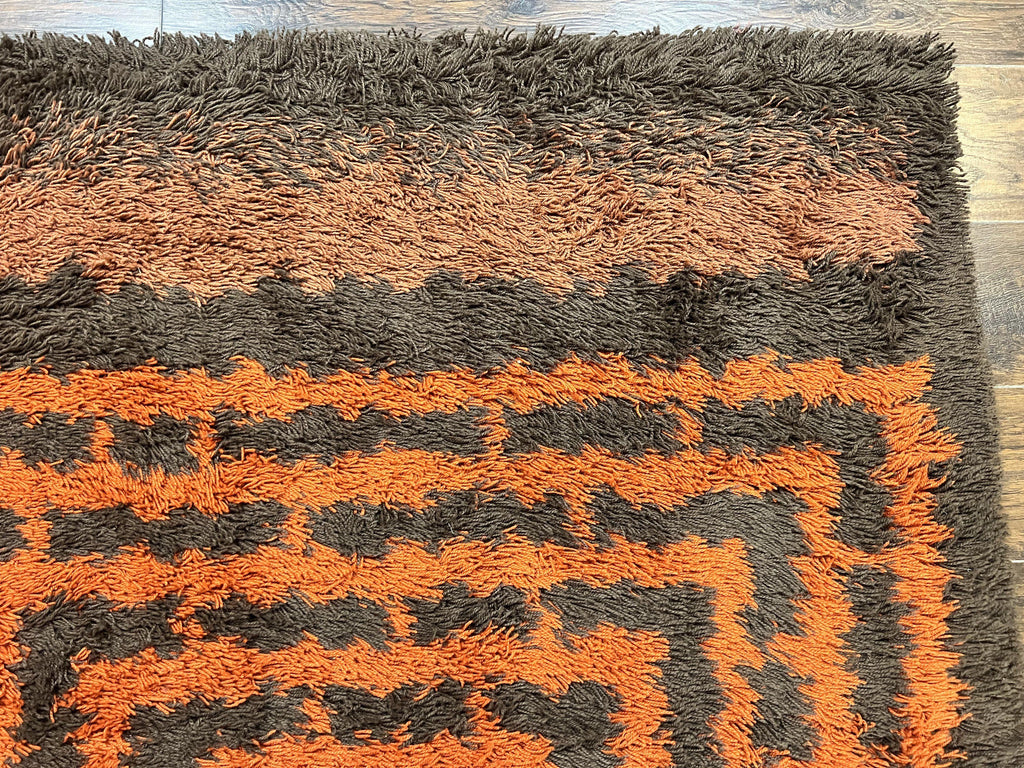 Vintage Rya Shag Rug 4.6 x 6.6, Abstract Design, Brown and Orange, Mid Century Danish Rya Carpet
