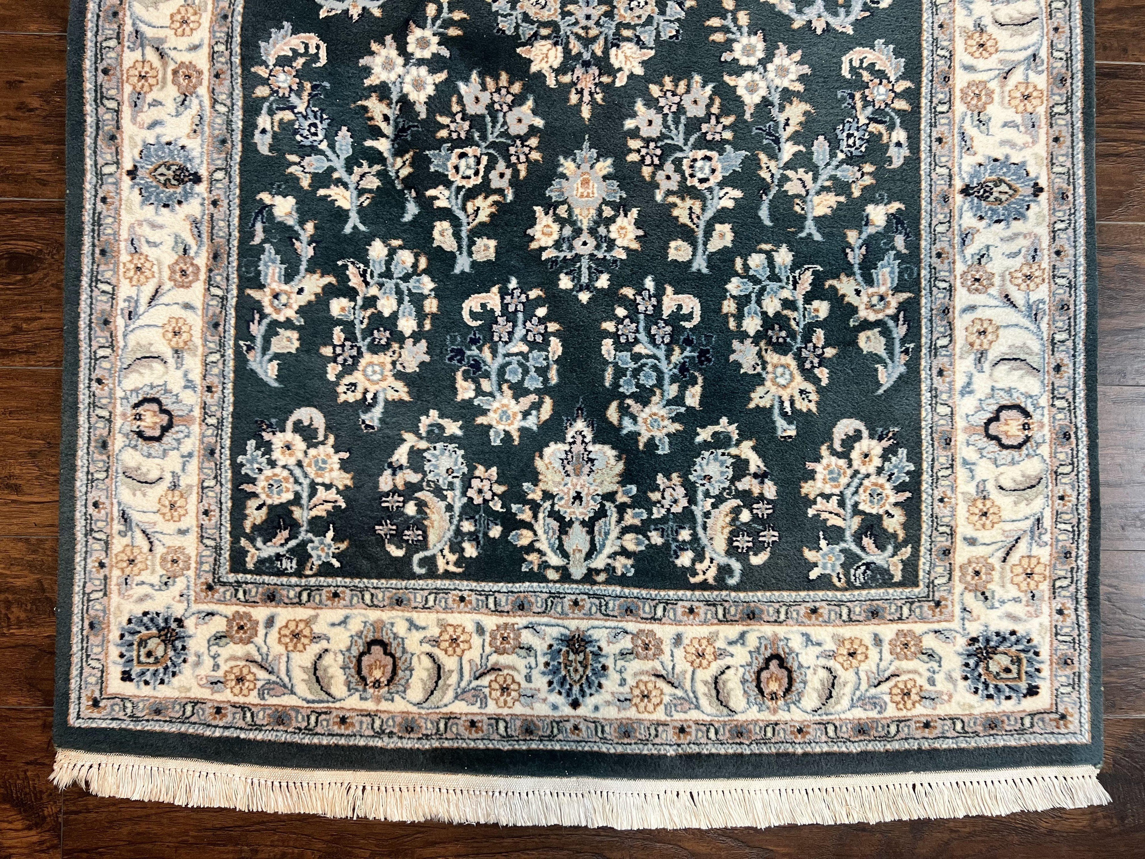 Green Indo Persian Rug 4x6, Floral Allover, Handmade Vintage Oriental Carpet, Sarouk Rug, Wool