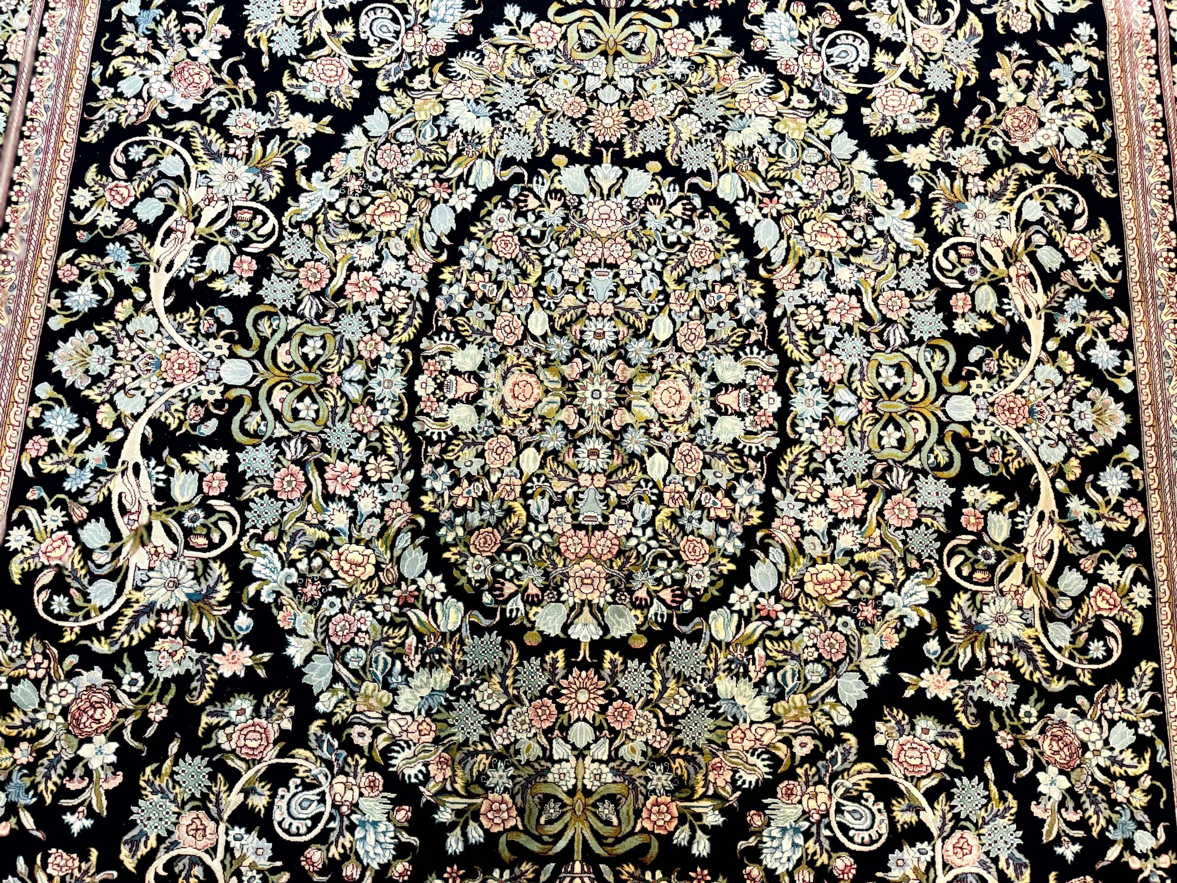 Pak Persian Rug 9x12, Highly Detailed Fine 260 KPSI, Floral, Handmade Traditional Carpet, Black