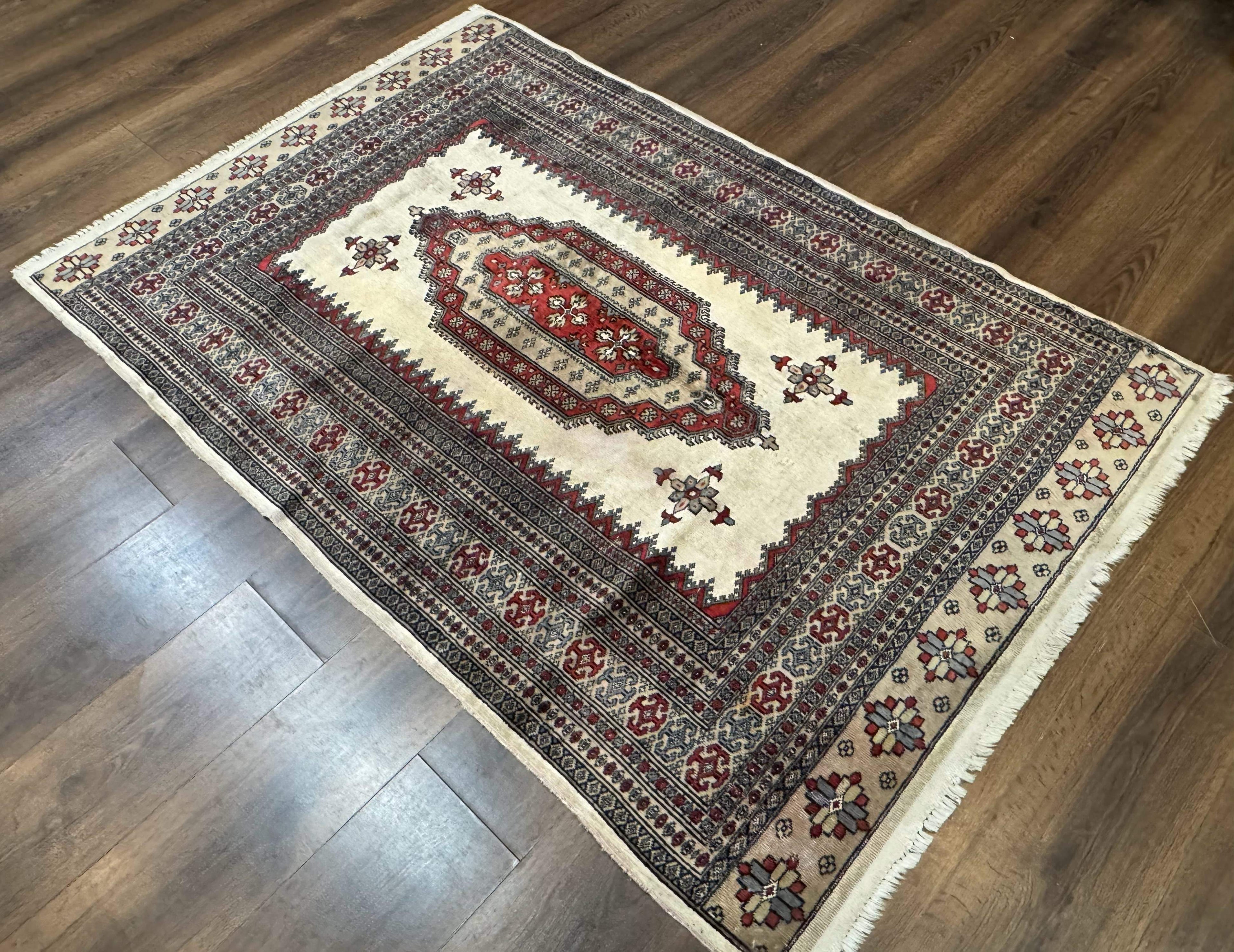 Pakistani Turkoman Rug 4x6, Semi Open Field, Ivory, Vintage