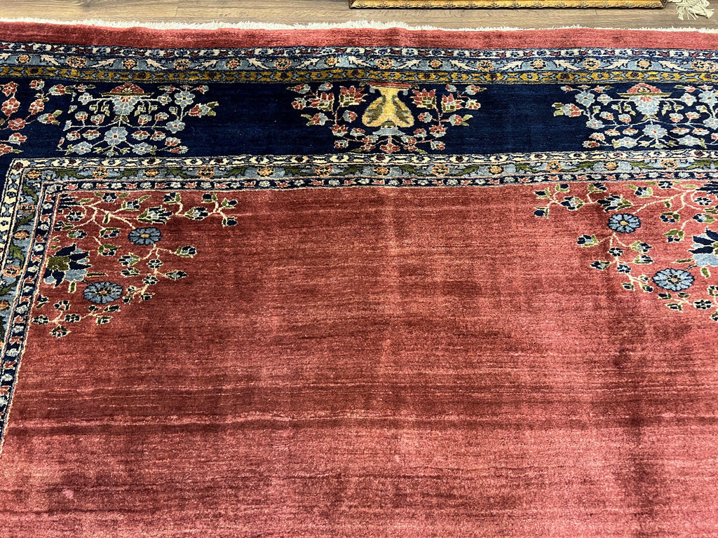 Large Persian Sarouk Rug 10x17, Open Field, Red and Navy Blue, Palace Sized Oversized Hand Knotted Wool Oriental Carpet Flowers Vases Antique 1920s