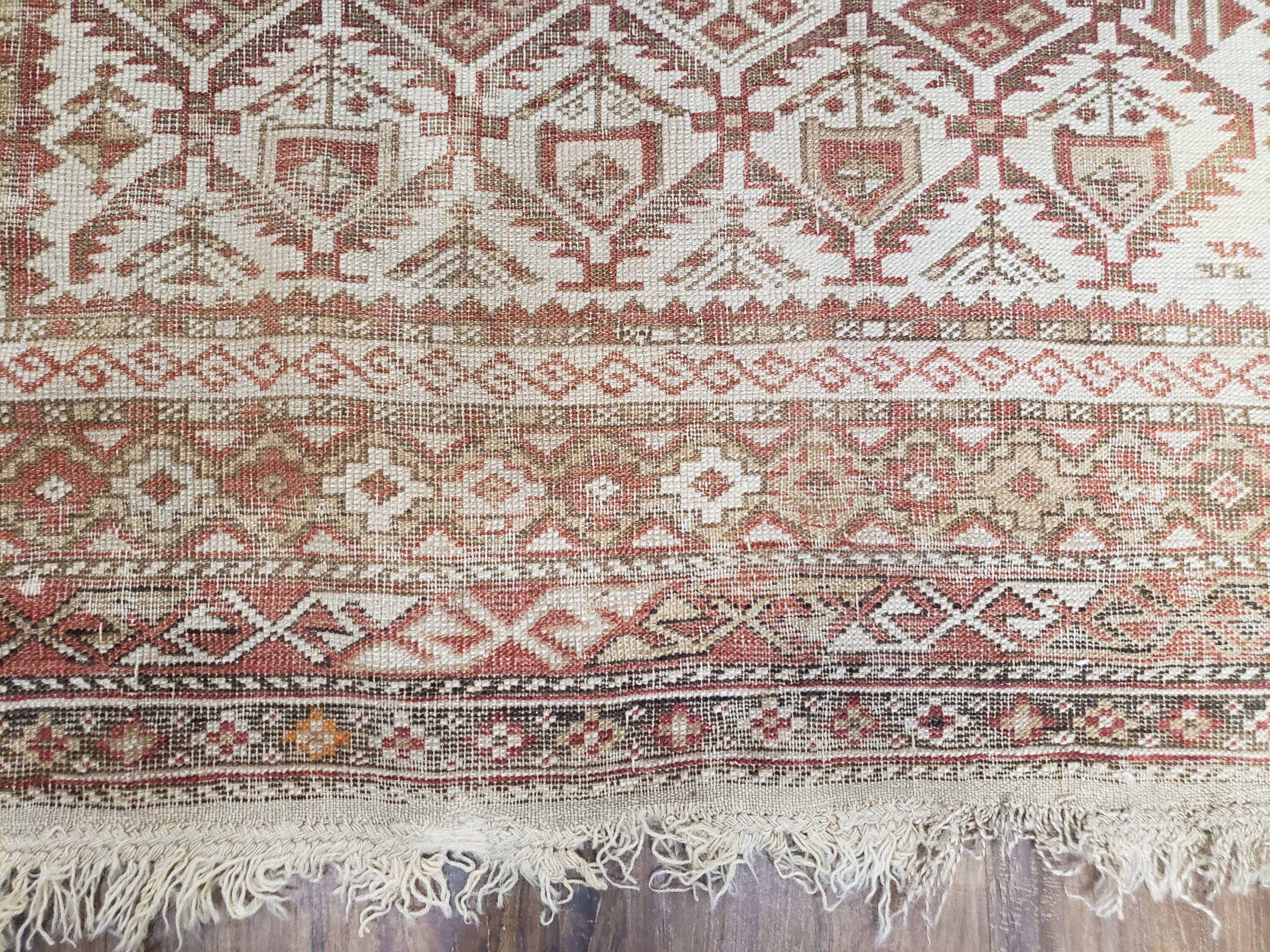Antique Caucasian Shirvan Rug 4x6, Dagestan Area Rug, Wool Hand-Knotted Soft Red & Ivory 1920s Oriental Carpet, Soft Muted Colors