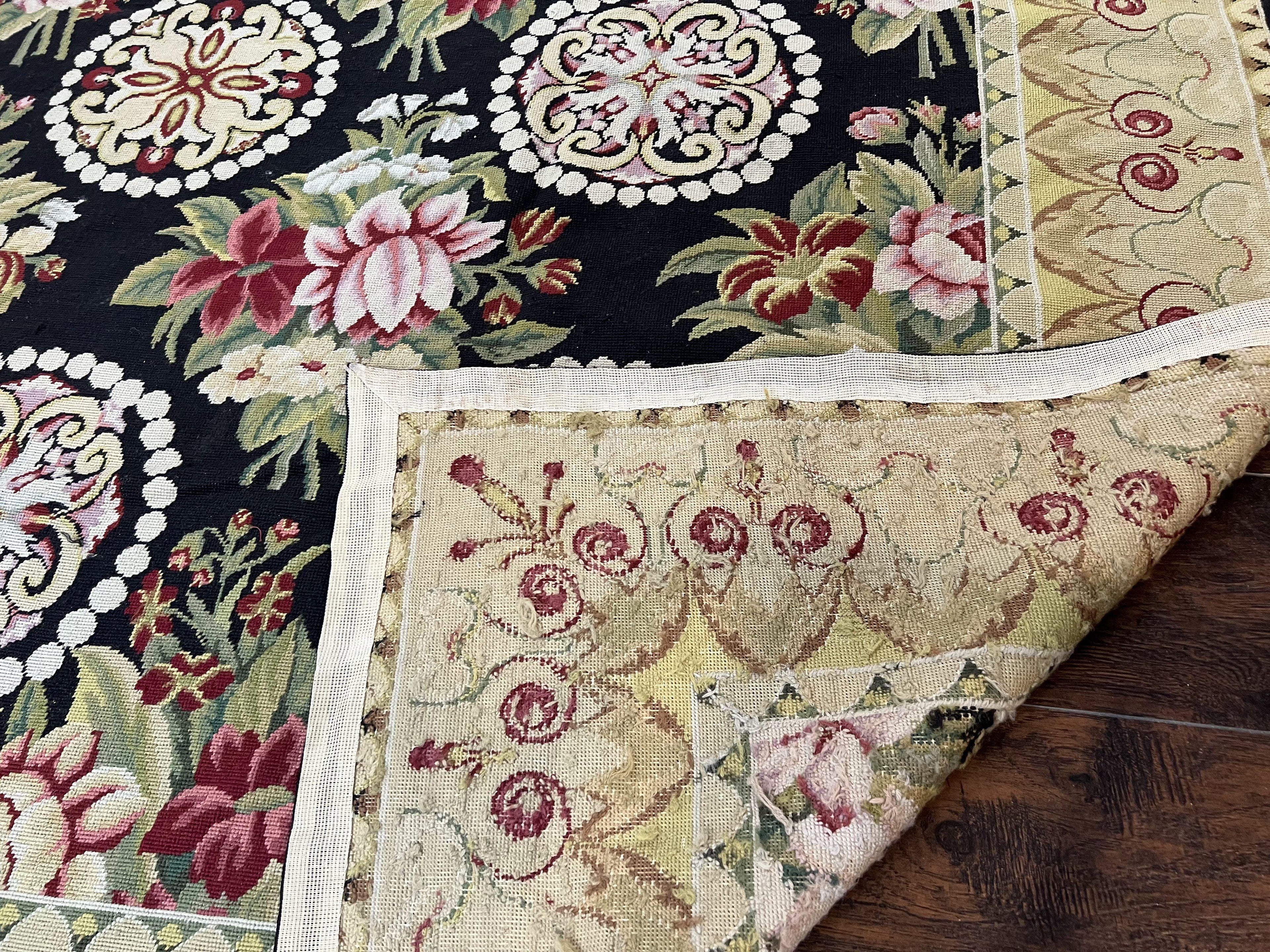 9x12 Black Needlepoint Rug, European Floral Panel Design, Handwoven, Vintage Chinese Needlepoint, Black Green Beige, Wool Rug 9 x 12