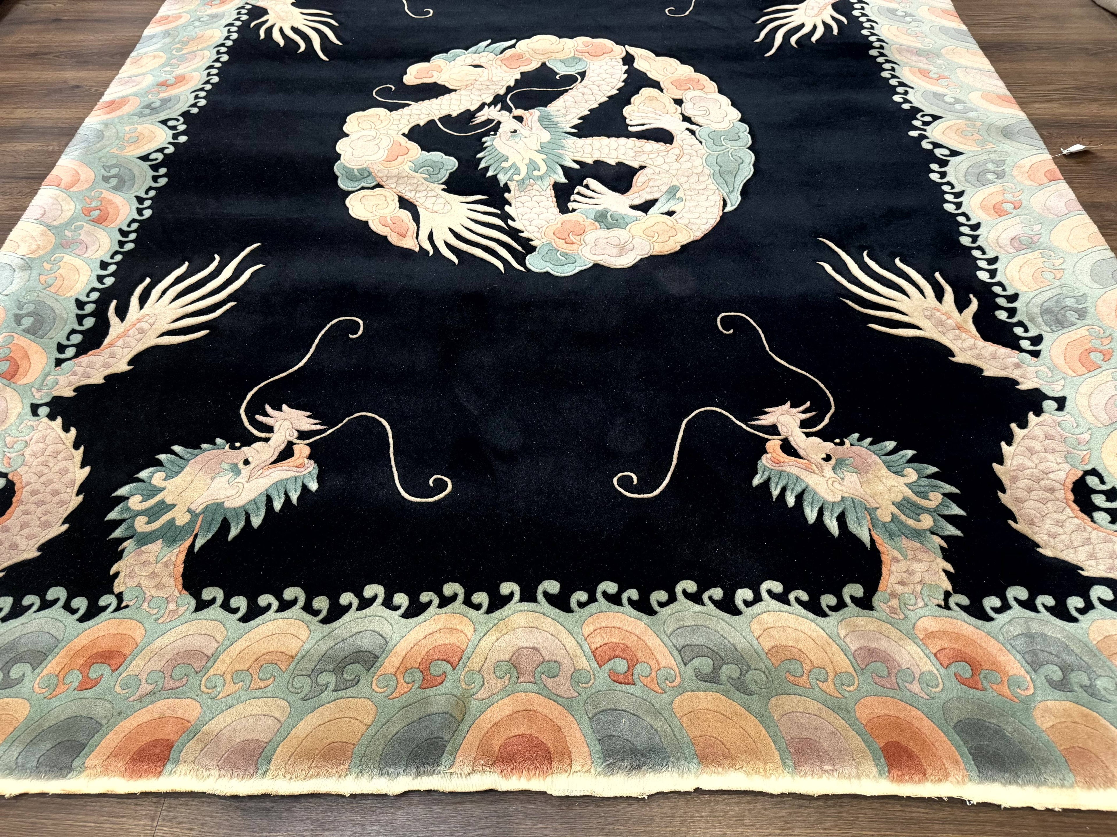 Black Chinese Wool Rug 8x10 with Dragons, Rainbow Borders, Rare