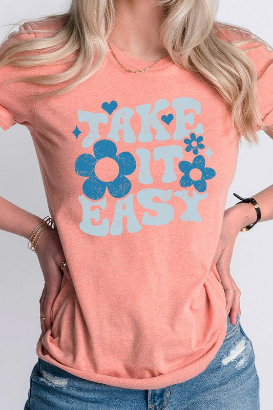 Take It Easy Floral And Hearts Spring Graphic Tee T-Shirt