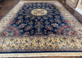 Sino Persian Kerman Rug 10x14, Blue and Beige, Floral Medallion, Fine 240 KPSI