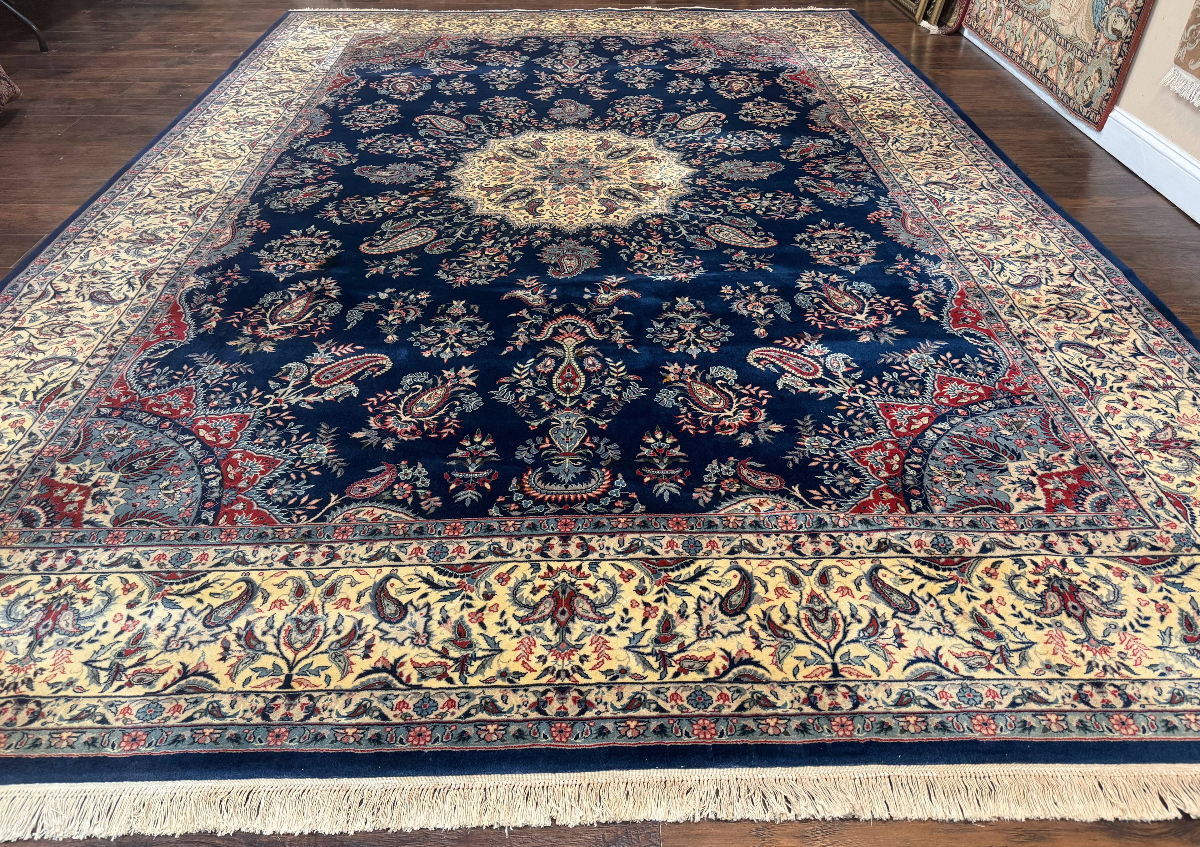 Sino Persian Kerman Rug 10x14, Blue and Beige, Floral Medallion, Fine 240 KPSI