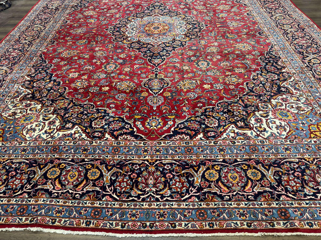 Large Persian Kashan Rug 11x14, Traditional Persian Carpet, Wool, Fine 250 KPSI, Red Navy Blue