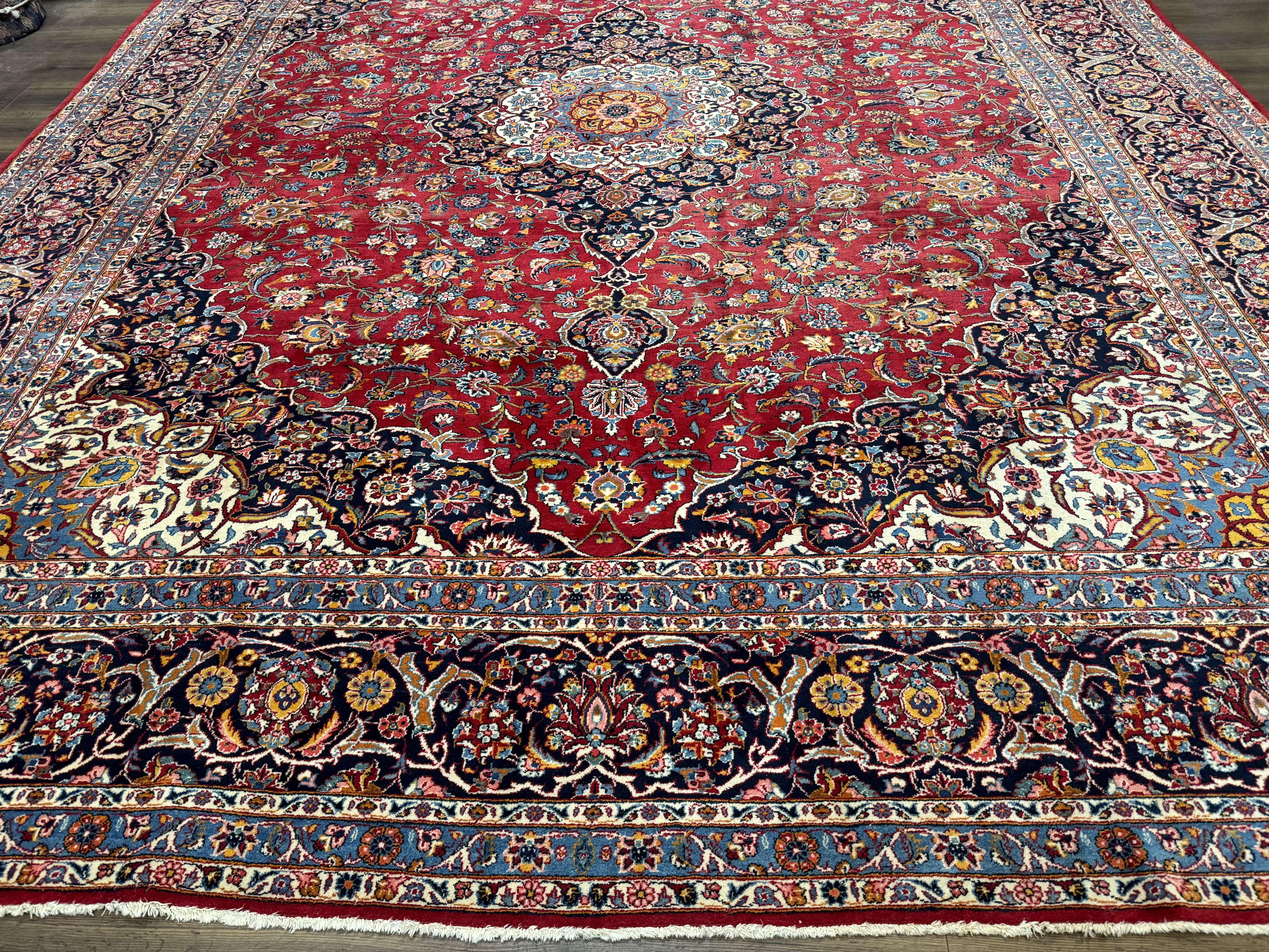 Large Persian Kashan Rug 11x14, Traditional Persian Carpet, Wool, Fine 250 KPSI, Red Navy Blue