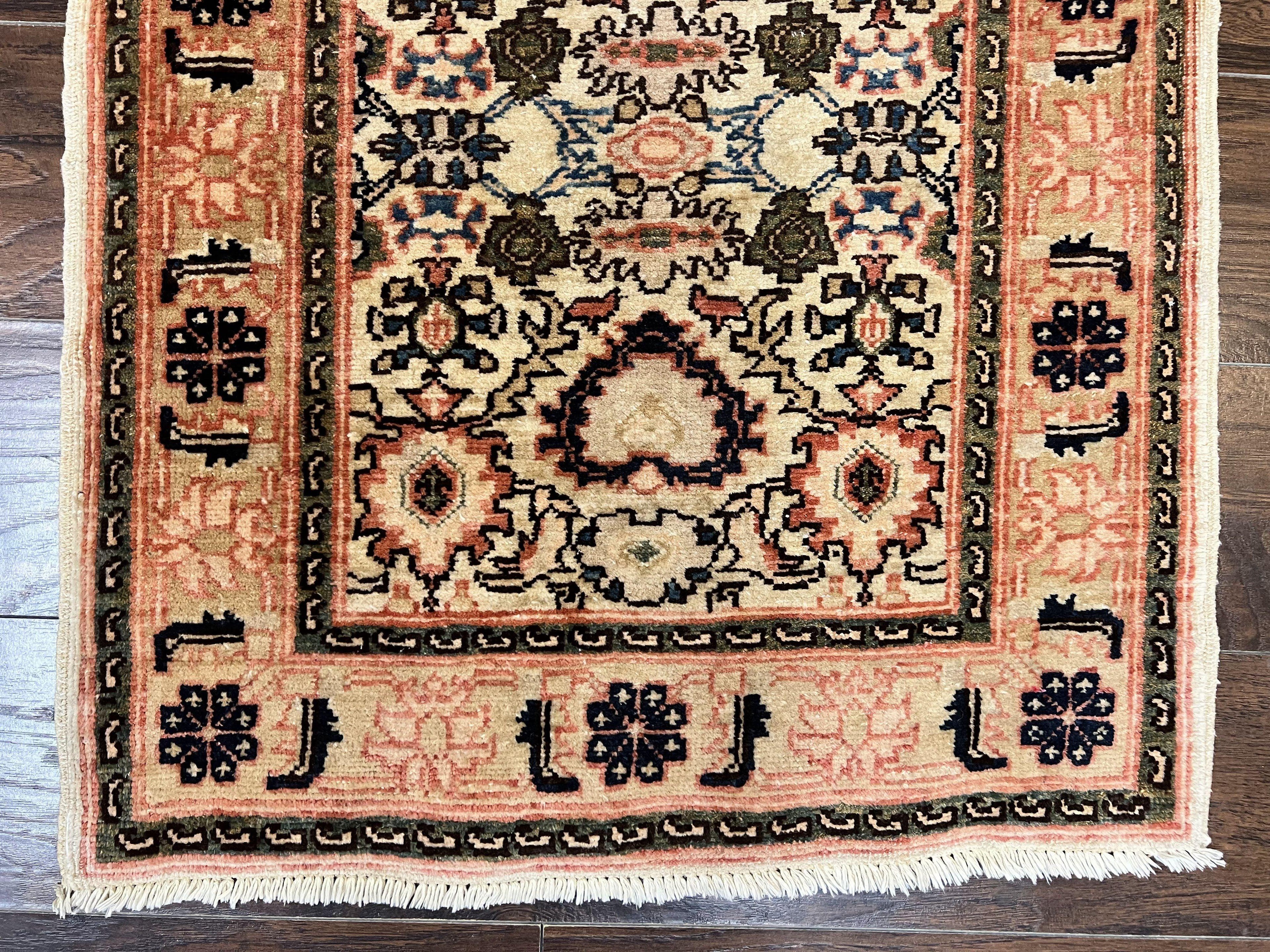 Romanian Runner Rug 2.6 x 12.9, Wool Handmade Hand Knotted Skinny Runner for Hallway, Floral Allover, Vintage Tan Runner