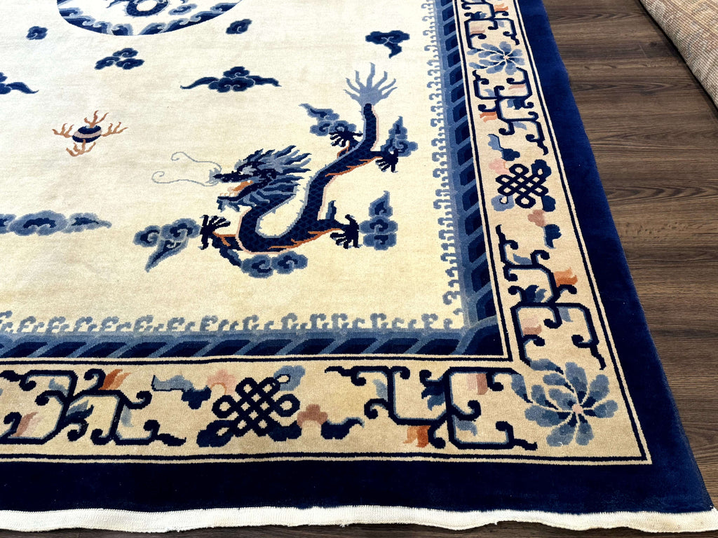 Chinese Dragon Peking Rug 8 x 11.6, Ivory and Blue, Chinese Wool Rug, Vintage